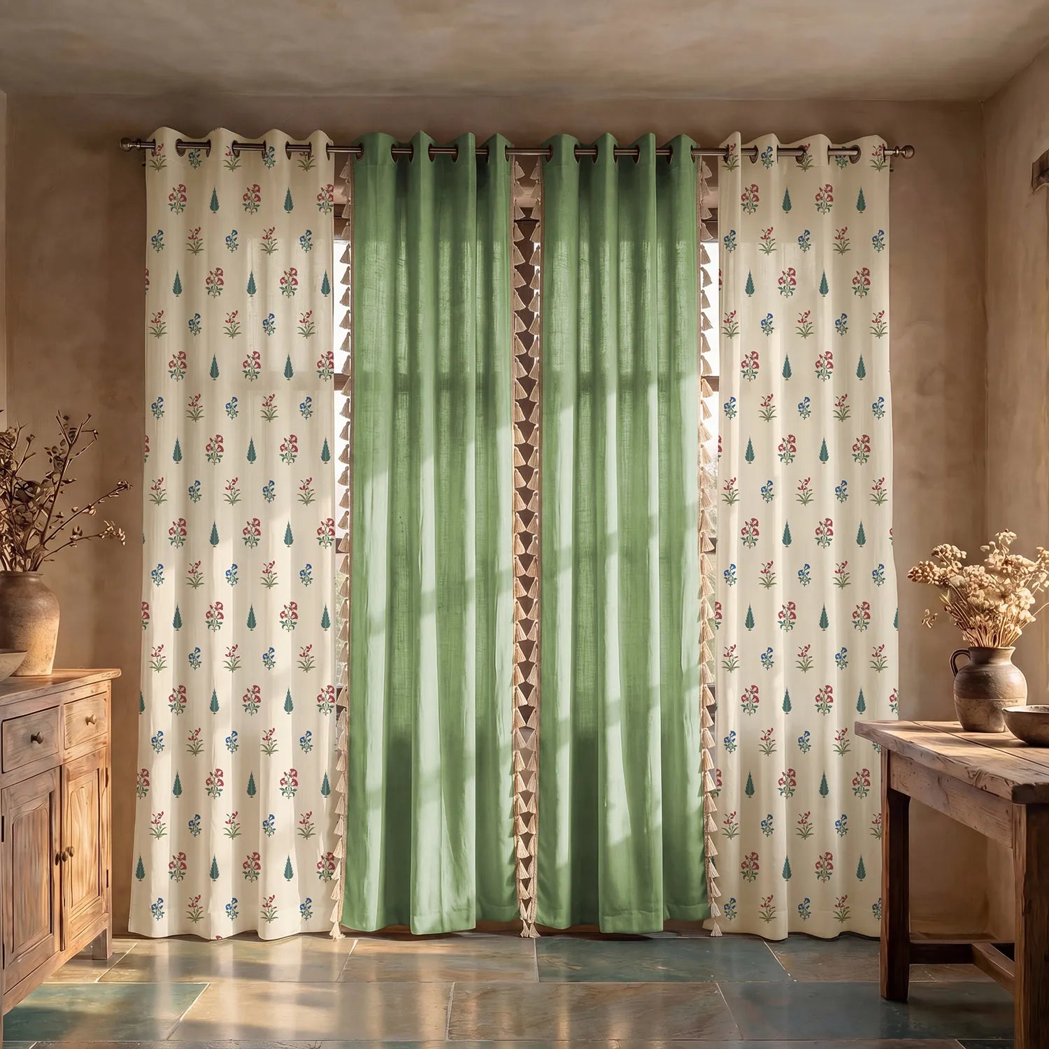 Cotton Curtains Combo, Set of 4 curtains, 60-65% Room Darkening Curtain - High Garden Red & Aura Green
