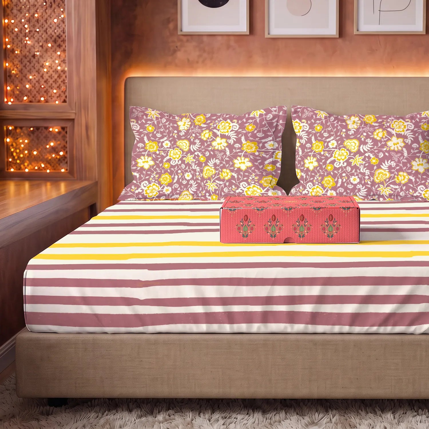 144 TC 100% Cotton Bedsheet Set in Gift Box - Streak Muddy Pink