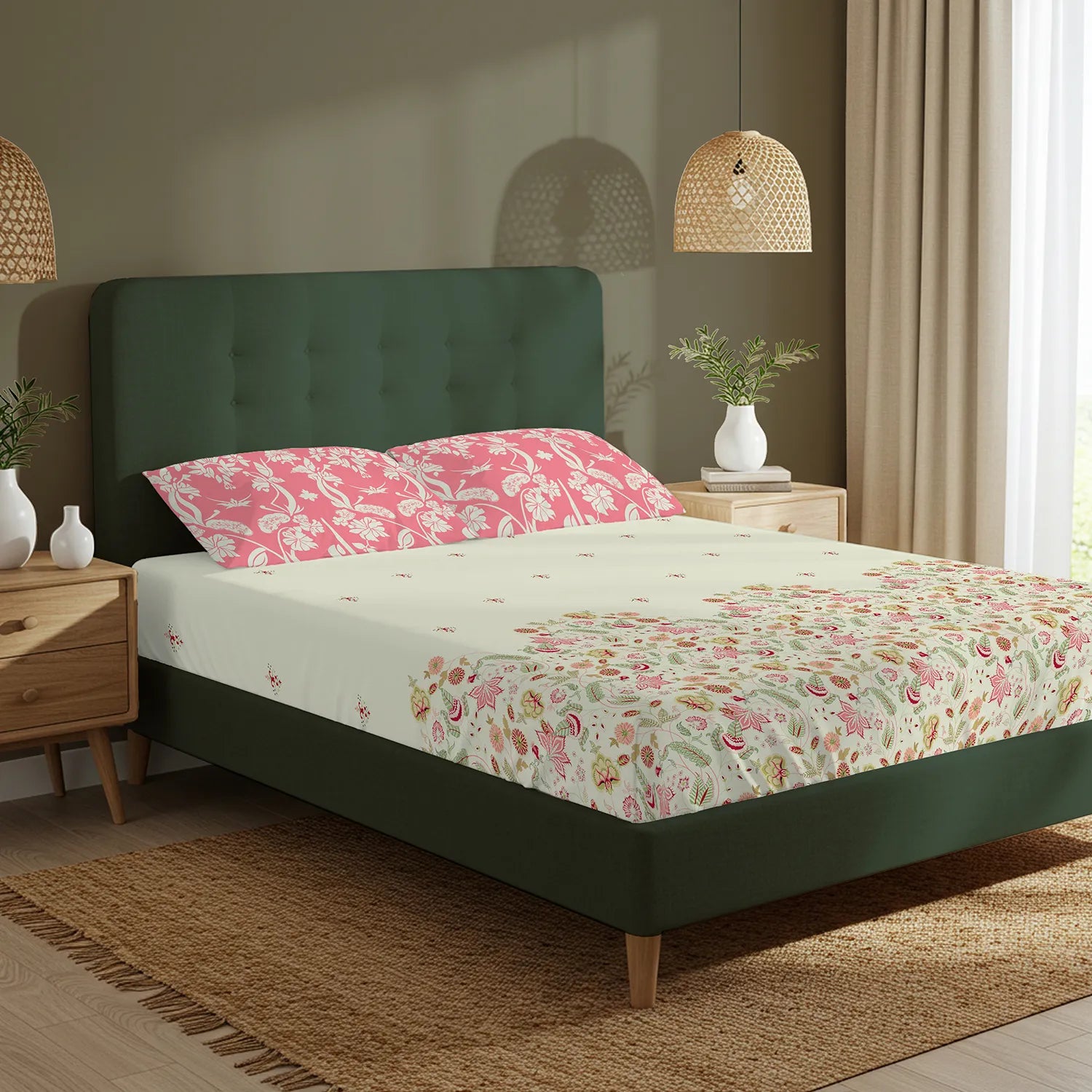 Fitted King Size Cotton Bedsheet - Vine Gardens Peach Pink