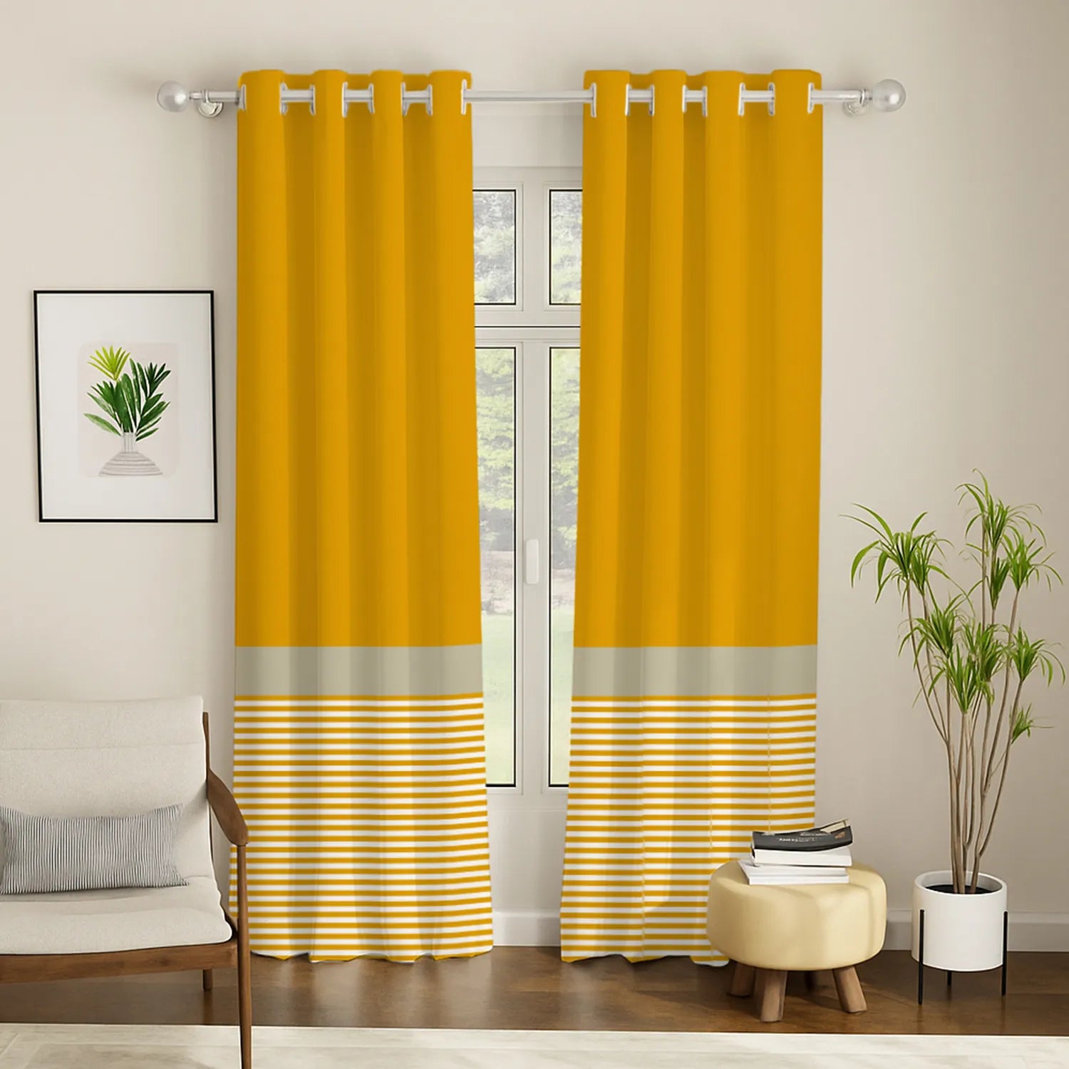 100% Cotton Panel Curtains for Living Room, Bedroom Curtains, Pack of 2 Curtains - Sailor Stripe Mustard