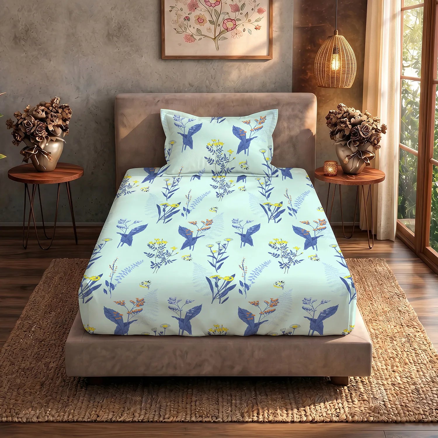 Serene 200 TC 100% Cotton Single Bedsheet with Pillow Covers - Whisper Mint Blue