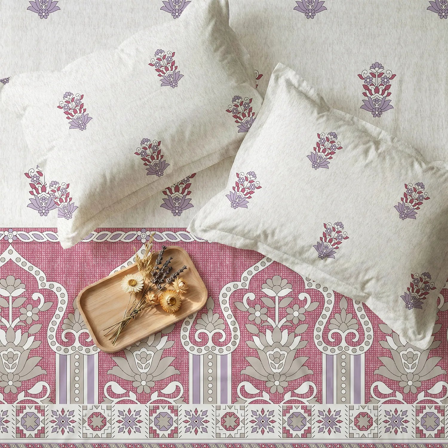 Serene 200 TC 100% Cotton Bedsheet with Pillow Covers - Palace Dusty Pink