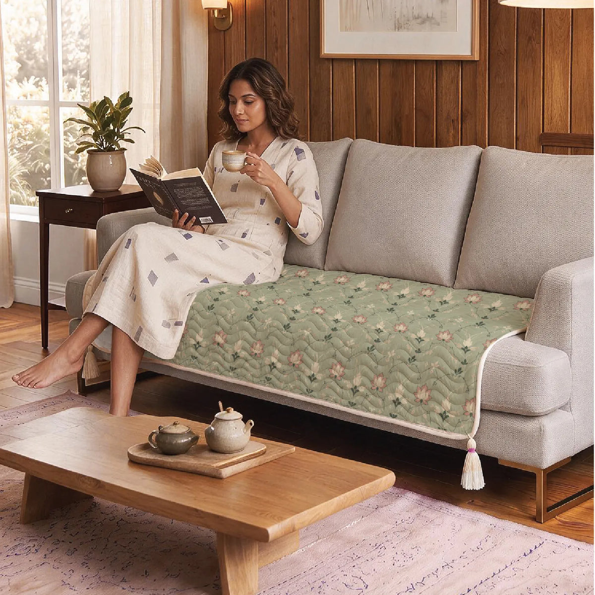Anti Skid Quilted & Printed Velvet Sofa Mats with Tassels - Lotus Garden Sage Green