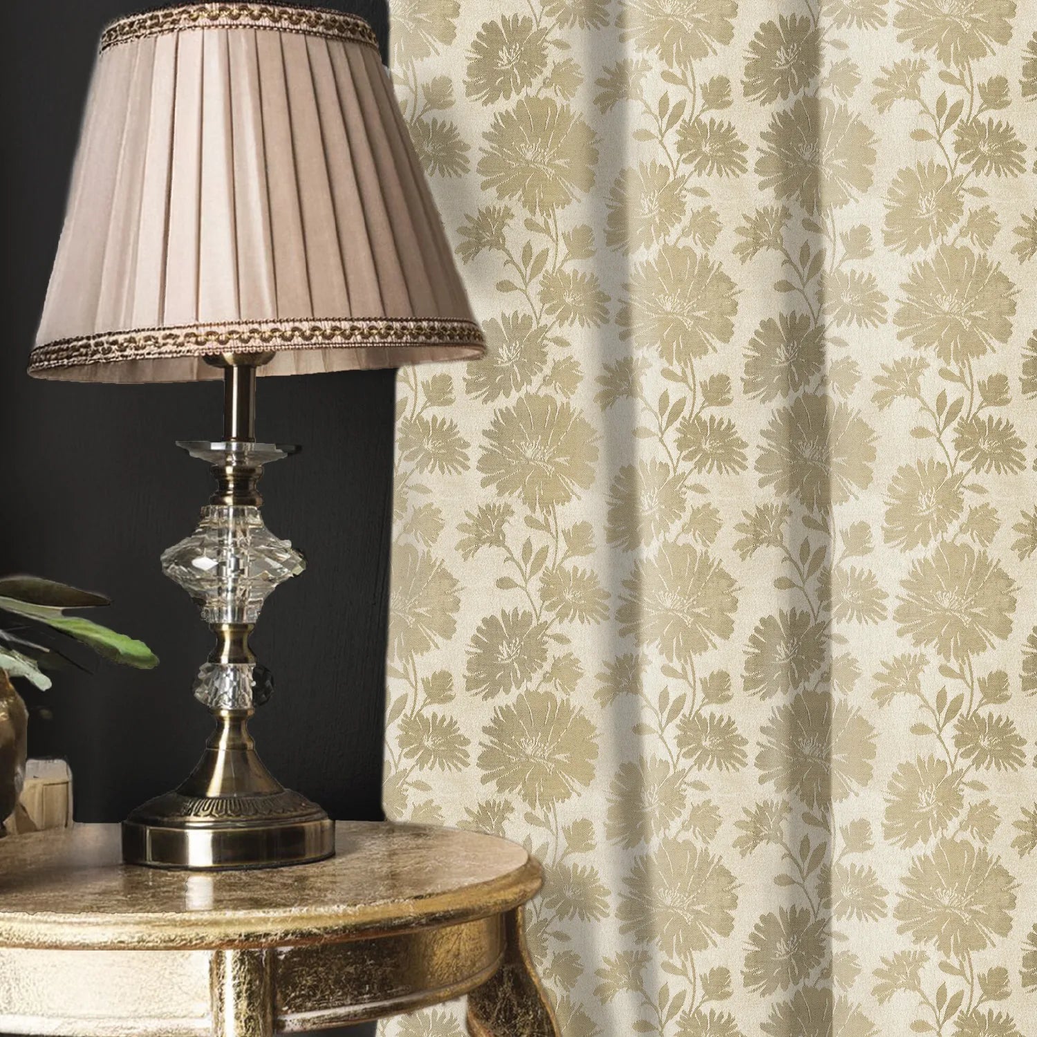 Premium Jacquard Curtains, 80-85% Light Blocking Door Curtains, Pack Of 2 - Golden Bloom Beige
