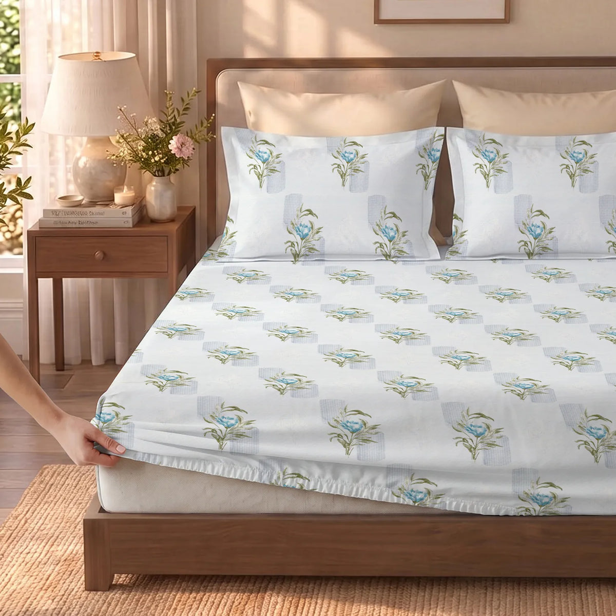 Fitted King Size 300TC Cotton Percale Bedsheet - Winter Breeze Blue
