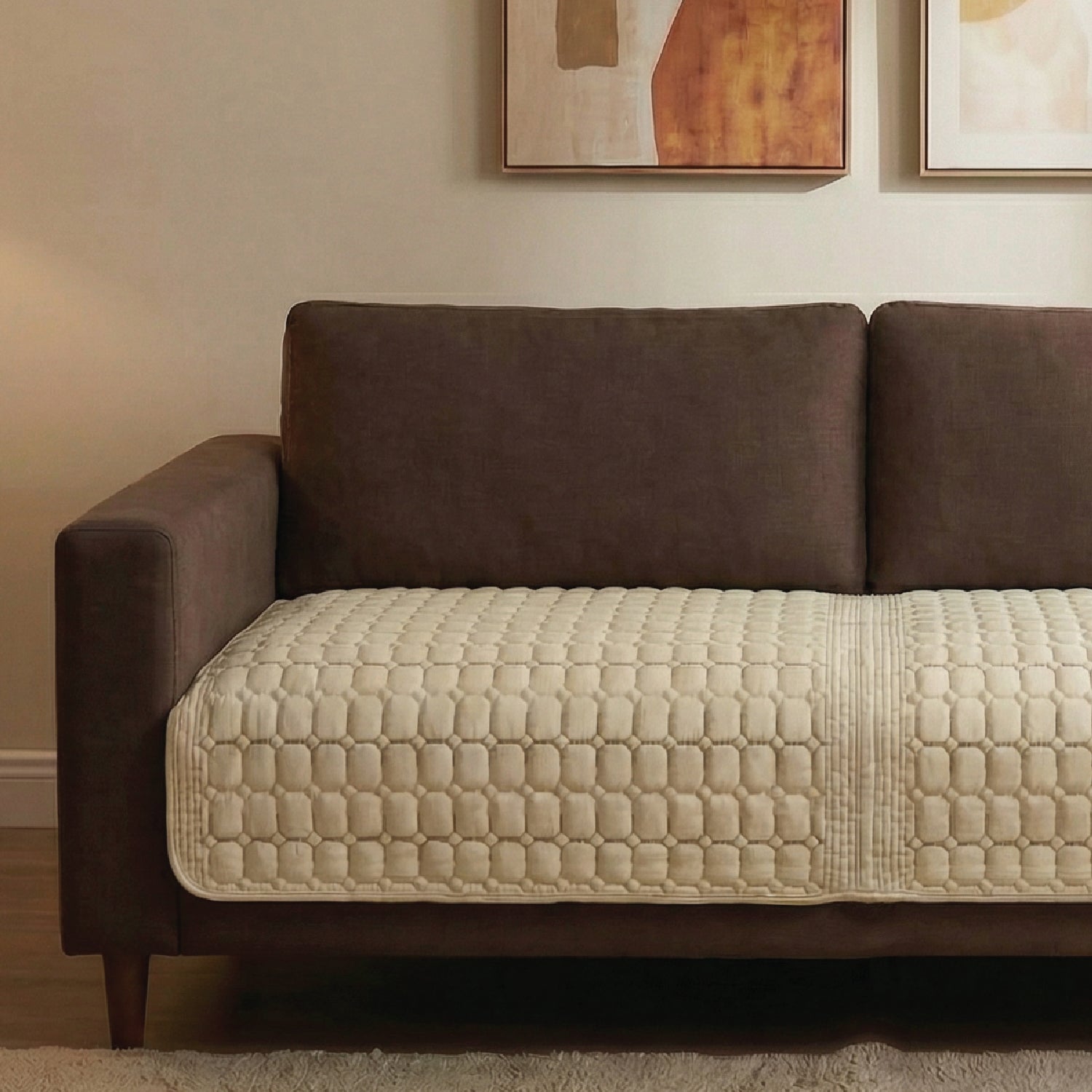 Anti Skid Quilted Velvet Sofa Mats, Box Grid - Beige