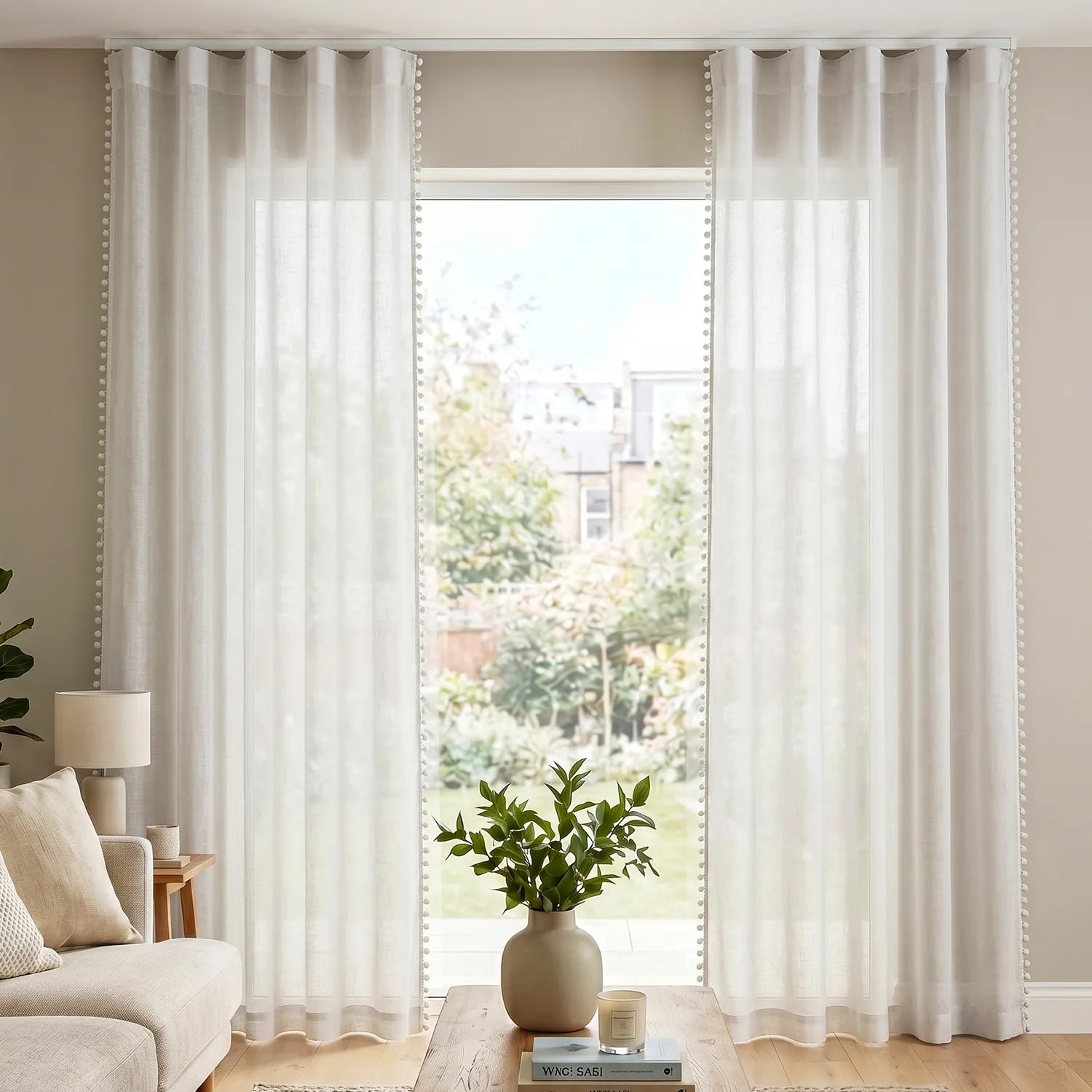 Sheer Curtain for Living Room with linen texture & Track Channel, Net Curtain for balcony, Pack of 2 Curtains -  White with pom pom
