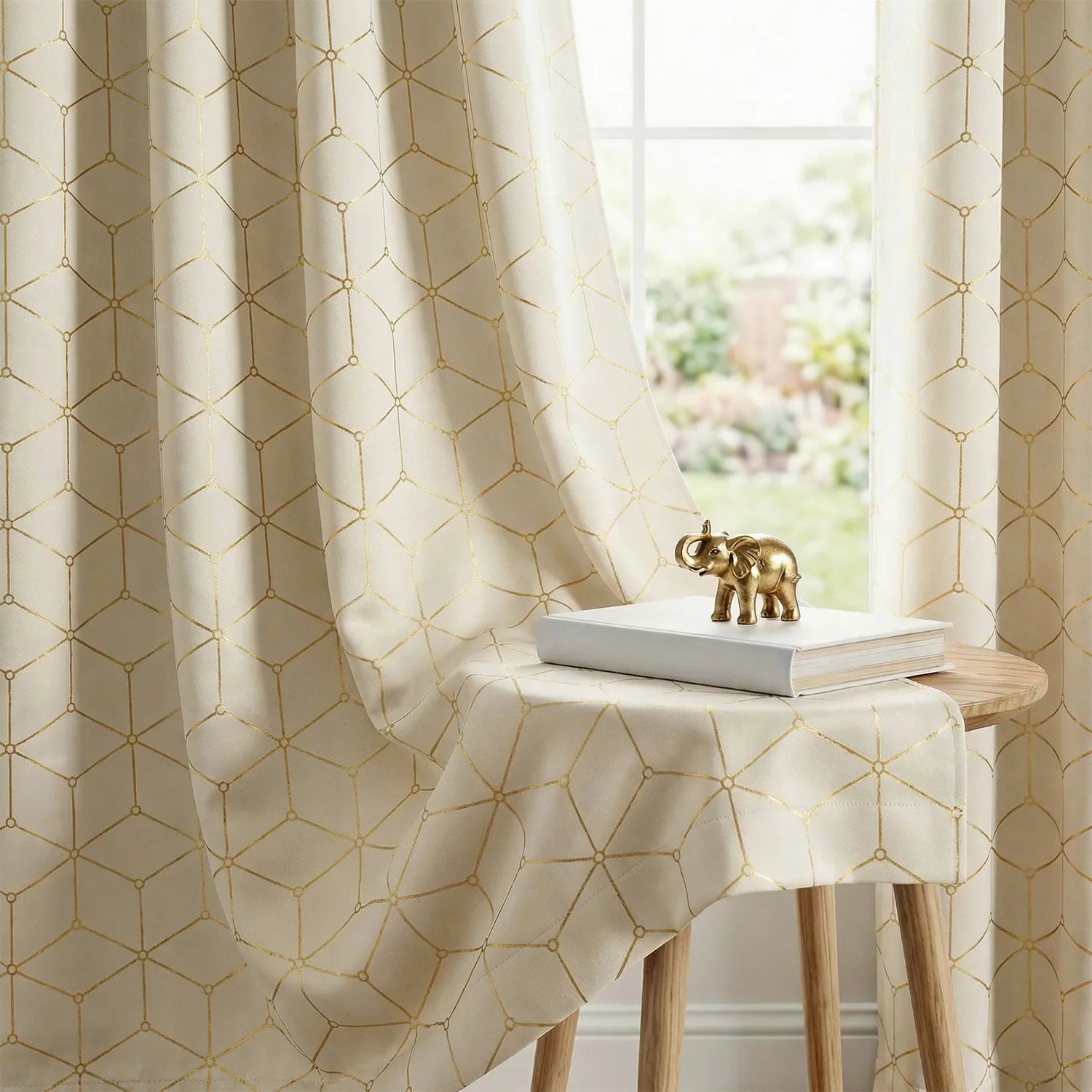 Gold Foil Printed 80-85% Blackout Curtains - Pack of 1 Curtain - Hexagon - Beige
