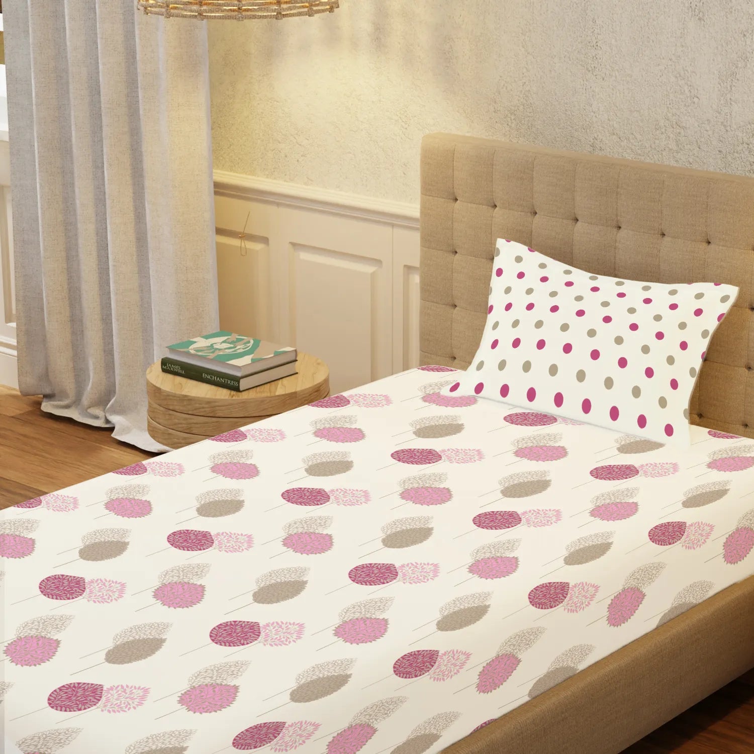 Serene 200 TC 100% Cotton Single Bedsheet with Pillow Covers - Drops Pink