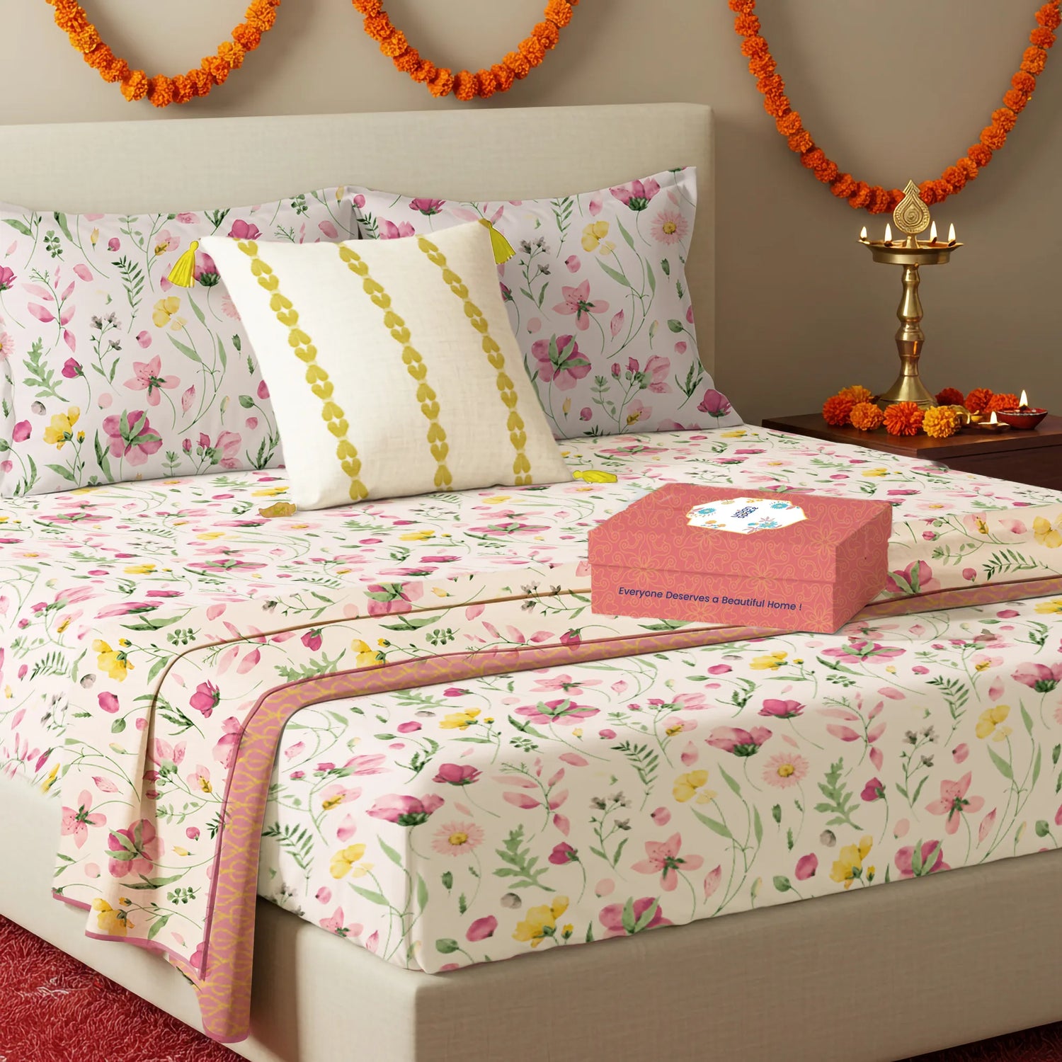 6 Pc Cotton Bedding Set in Gift Box, Meadows Pink