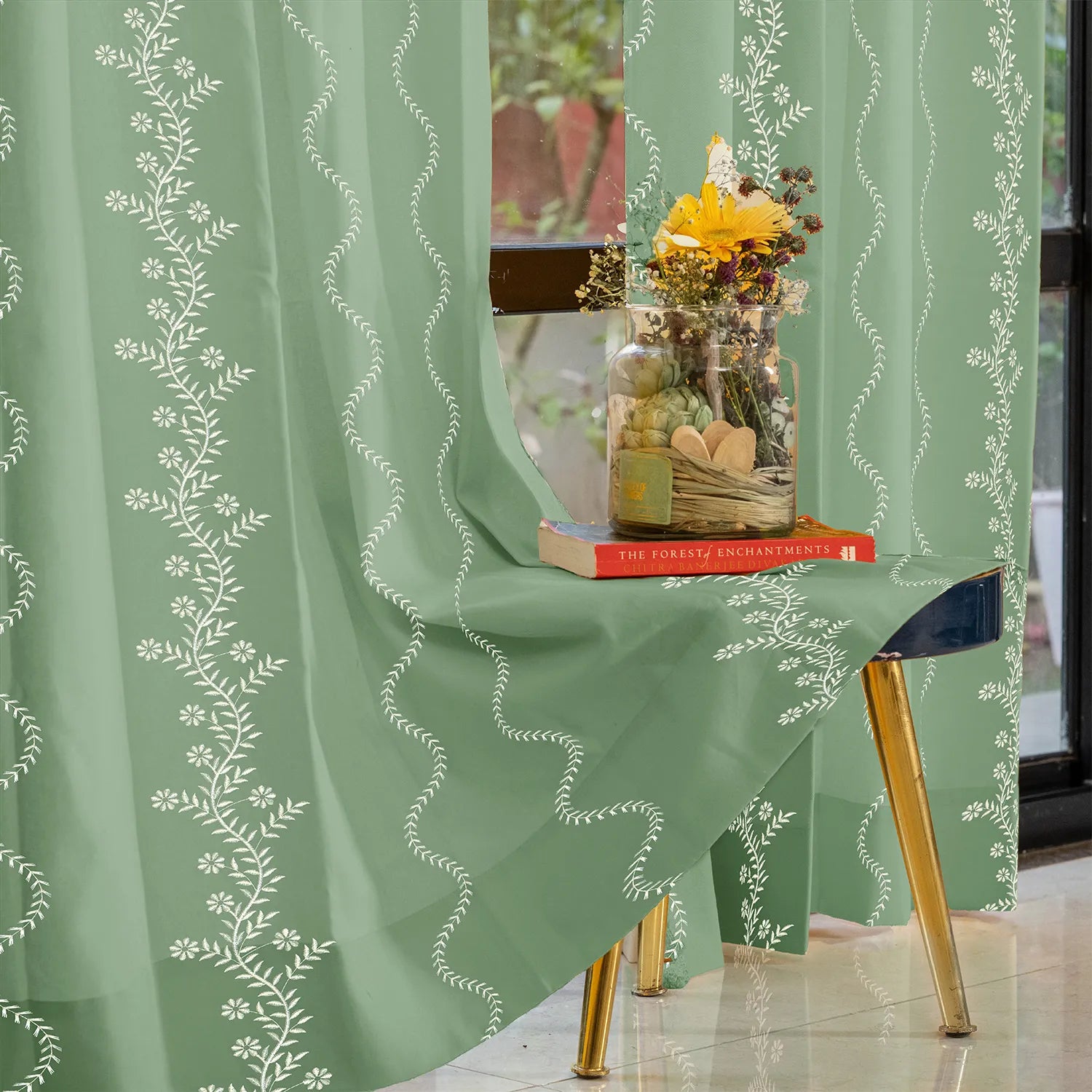 Solara Sage Green Cotton Embroidered Curtain – Pack of 1