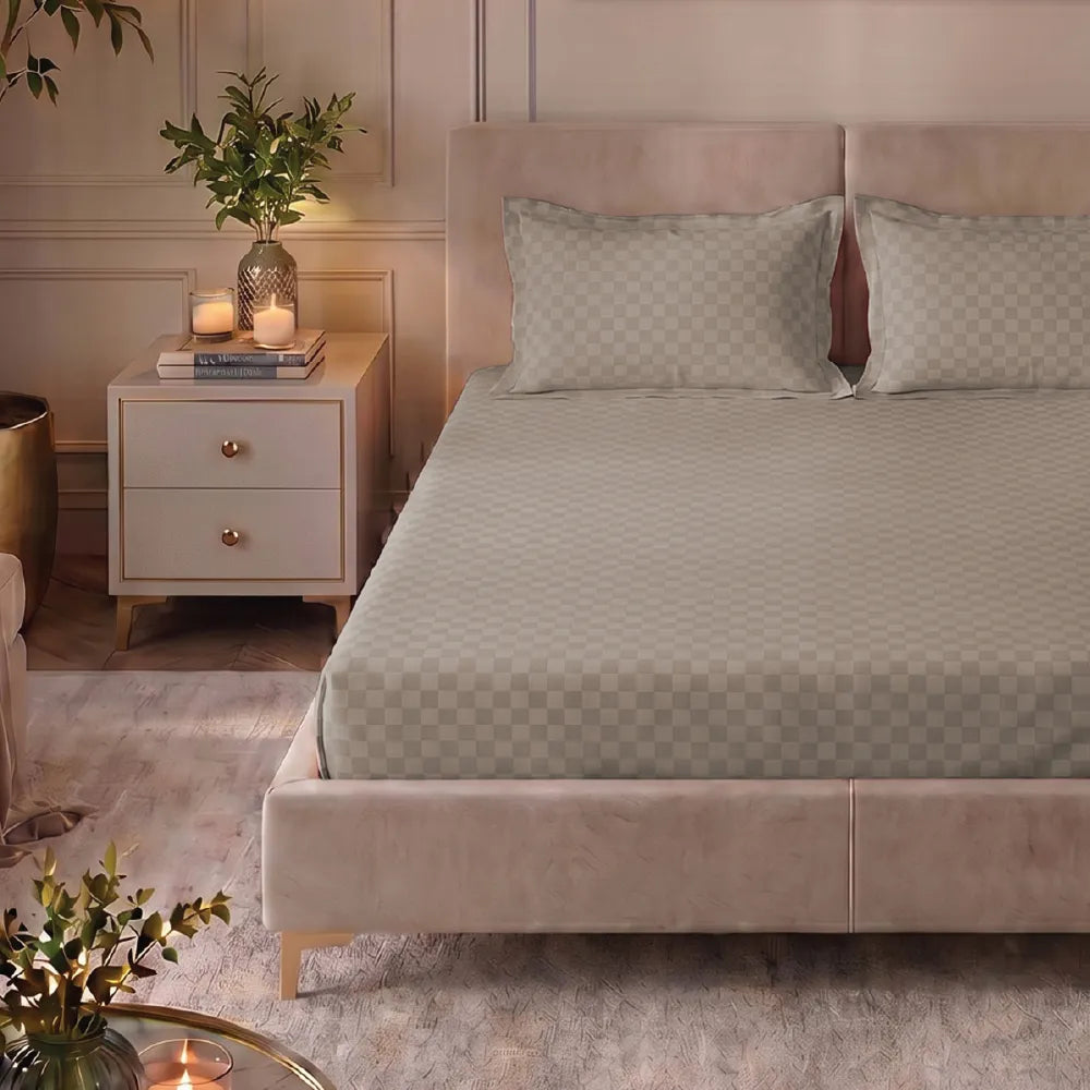 300 TC Super Soft King Bedsheet, Self Woven Cubes Design - Soft Brown Cubes