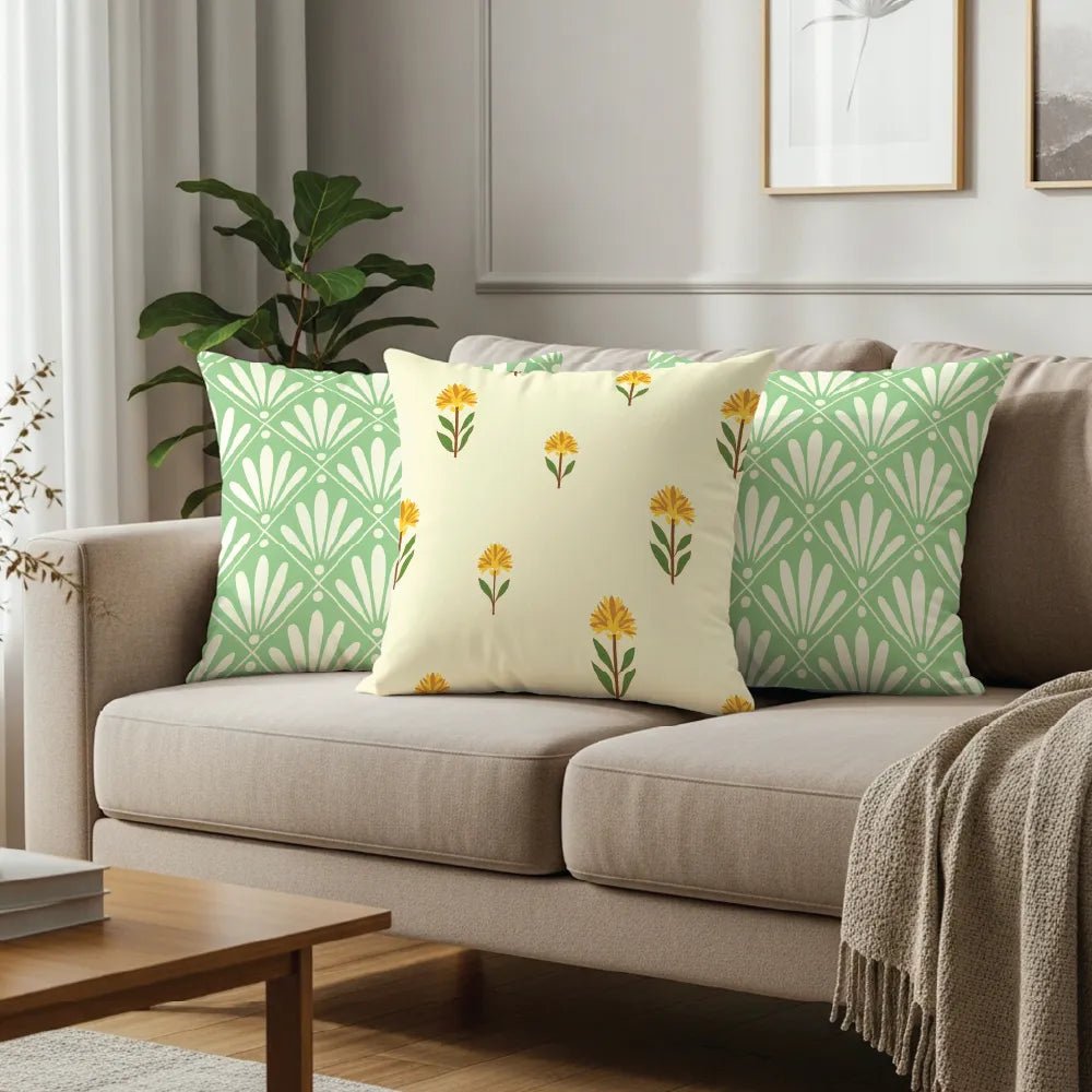 Cotton Cushion Covers, Throw Pillow for Couch - Amaya Sage Green & Aster Yellow