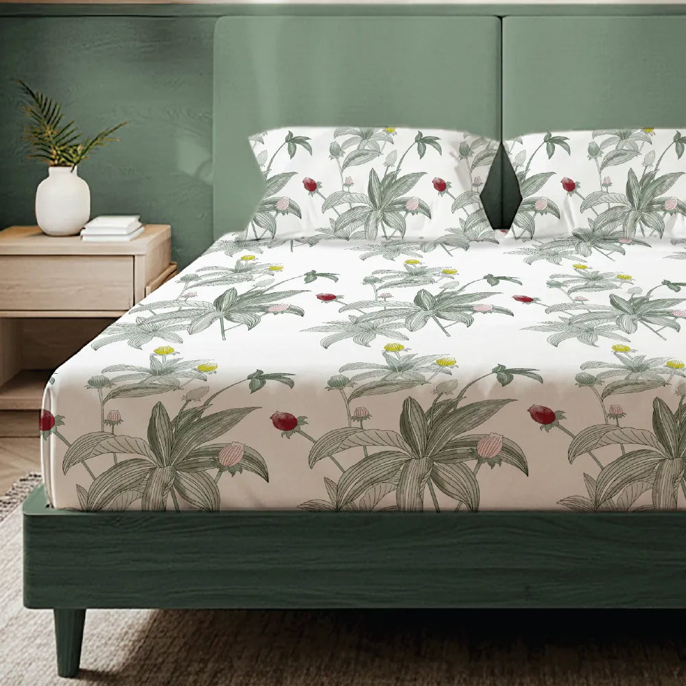 200 TC Glaced Cotton Microfiber Bedsheet with Pillow Covers - Leaf Dreams