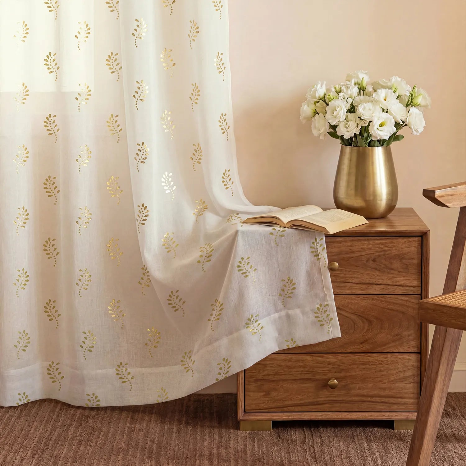 Linen Textured Metallic Gold Foil Sheer Curtains, Pack of 2 Curtains - Tara Buttercream