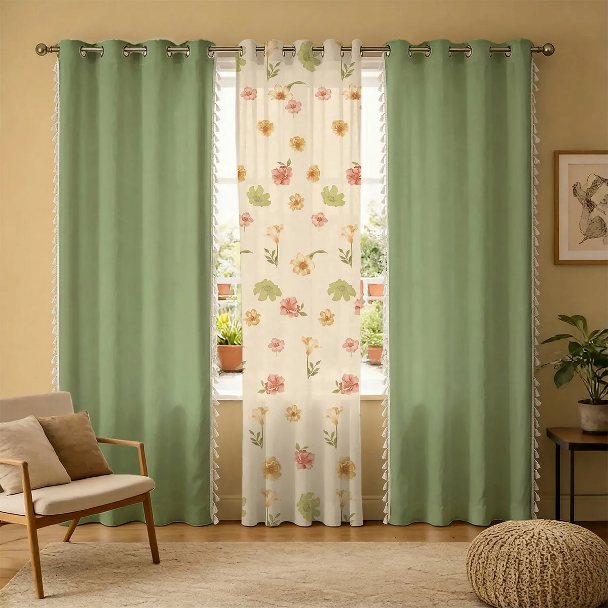 Set of three curtains with two solid sage green cotton panels and a center sheer panel featuring a floral pattern.