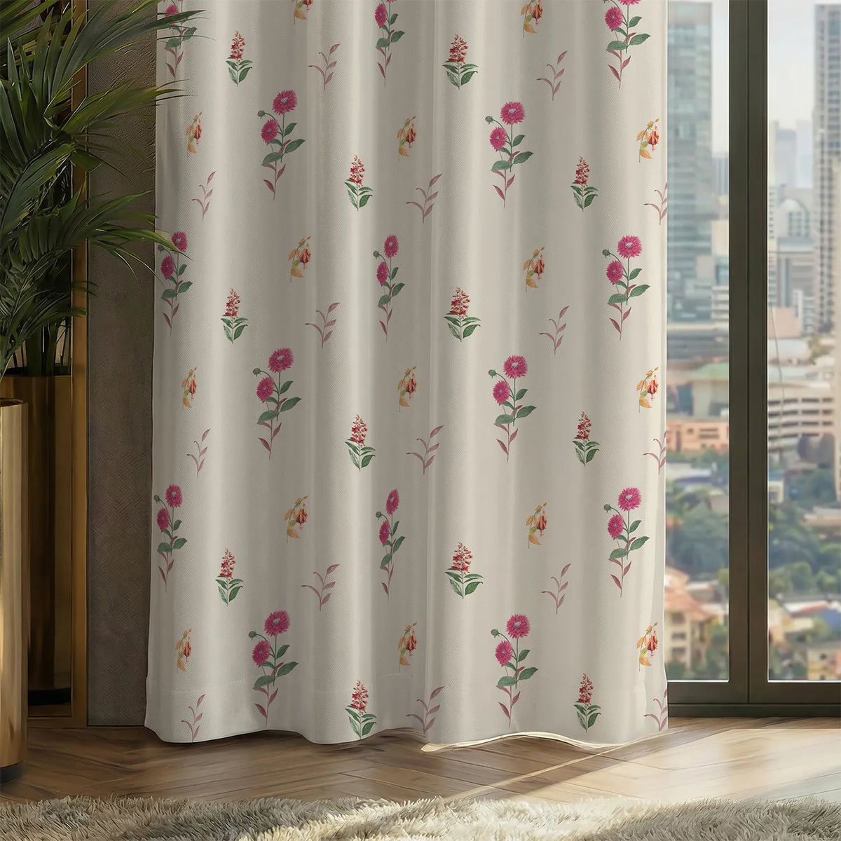 100% Blackout Curtains, Digital Printed Curtains, Pack of 2 Curtains - Cone Flower - Pink