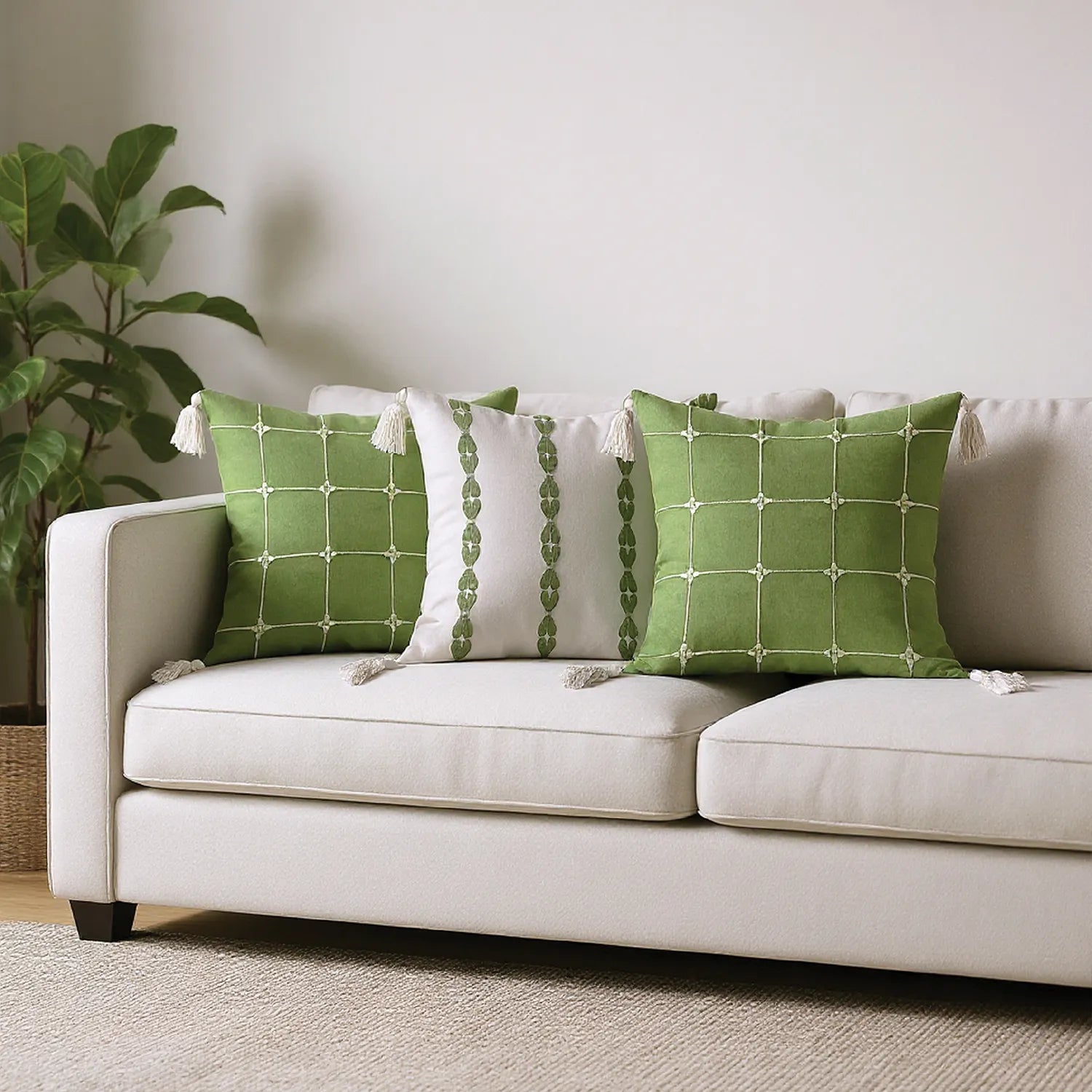 Embroidered Cotton Cushion Cover, for Sofa, Bedroom, Living Room - Set of 3 - Aura Checks Sage Green