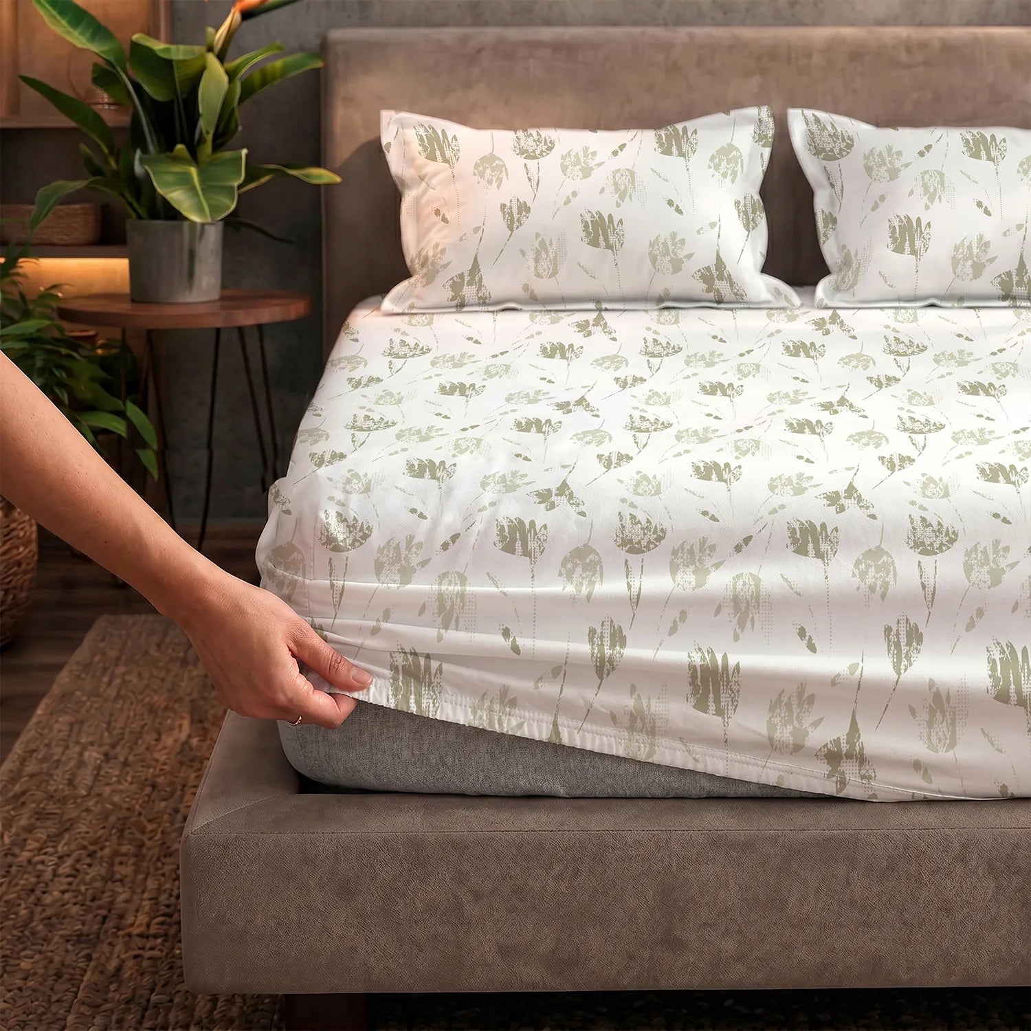 Fitted King Size Cotton Bedsheet - Frosted Tulips Olive Gray