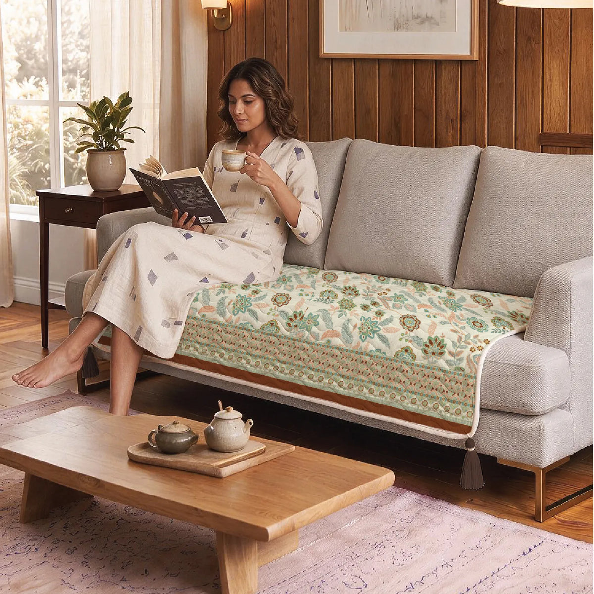 Anti Skid Quilted & Printed Velvet Sofa Mats with Tassels - Noorjaal Brown