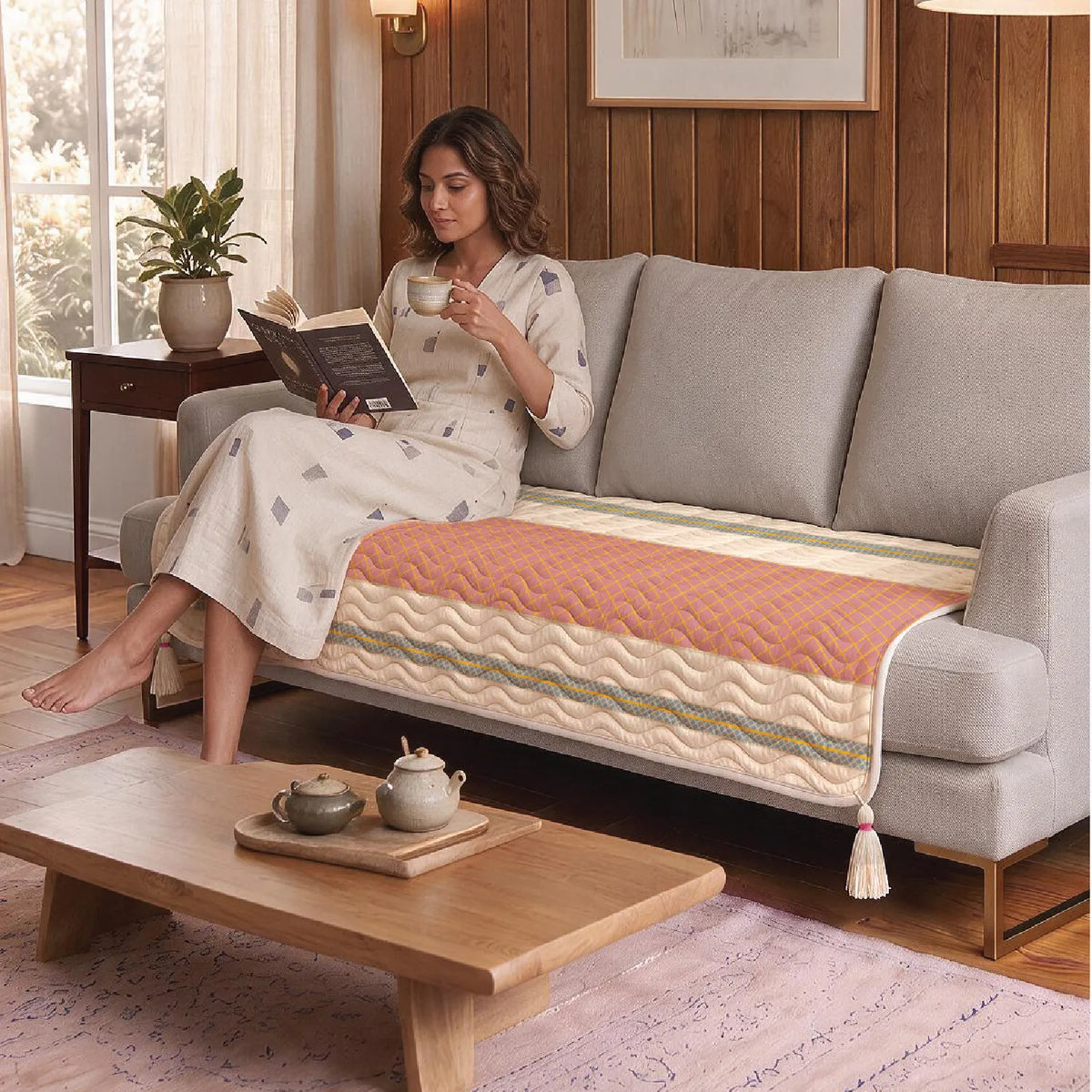 Anti Skid Quilted & Printed Velvet Sofa Mats with Tassels - Zari Jaal Pink