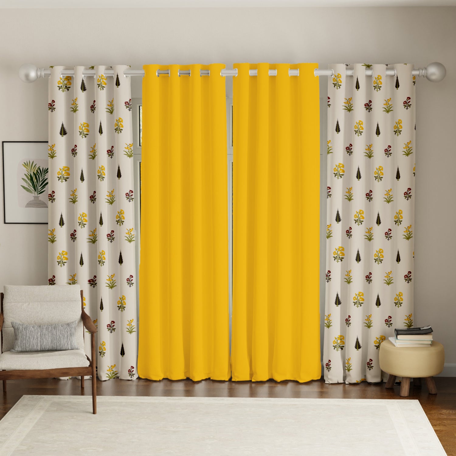 Cotton Curtains Combo, Set of 4 curtains, 60-65% Room Darkening Curtain - High Garden Yellow & Aura Yellow