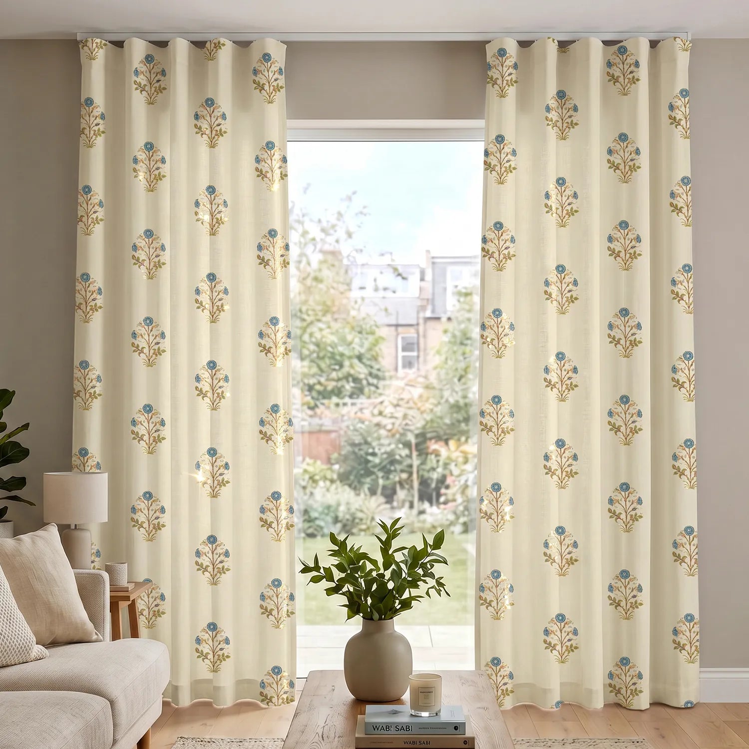 100% Cotton Curtains for Living Room, Bedroom curtains with Track Channel - Pack of 2 curtains, Zari Mohar Blue Gold
