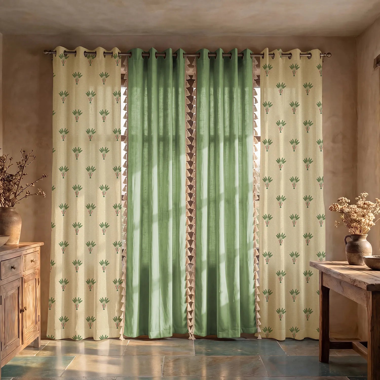 Cotton Curtains Combo, Set of 4 curtains, 60-65% Room Darkening Curtain - Palm Lagoon Green & Aura Green
