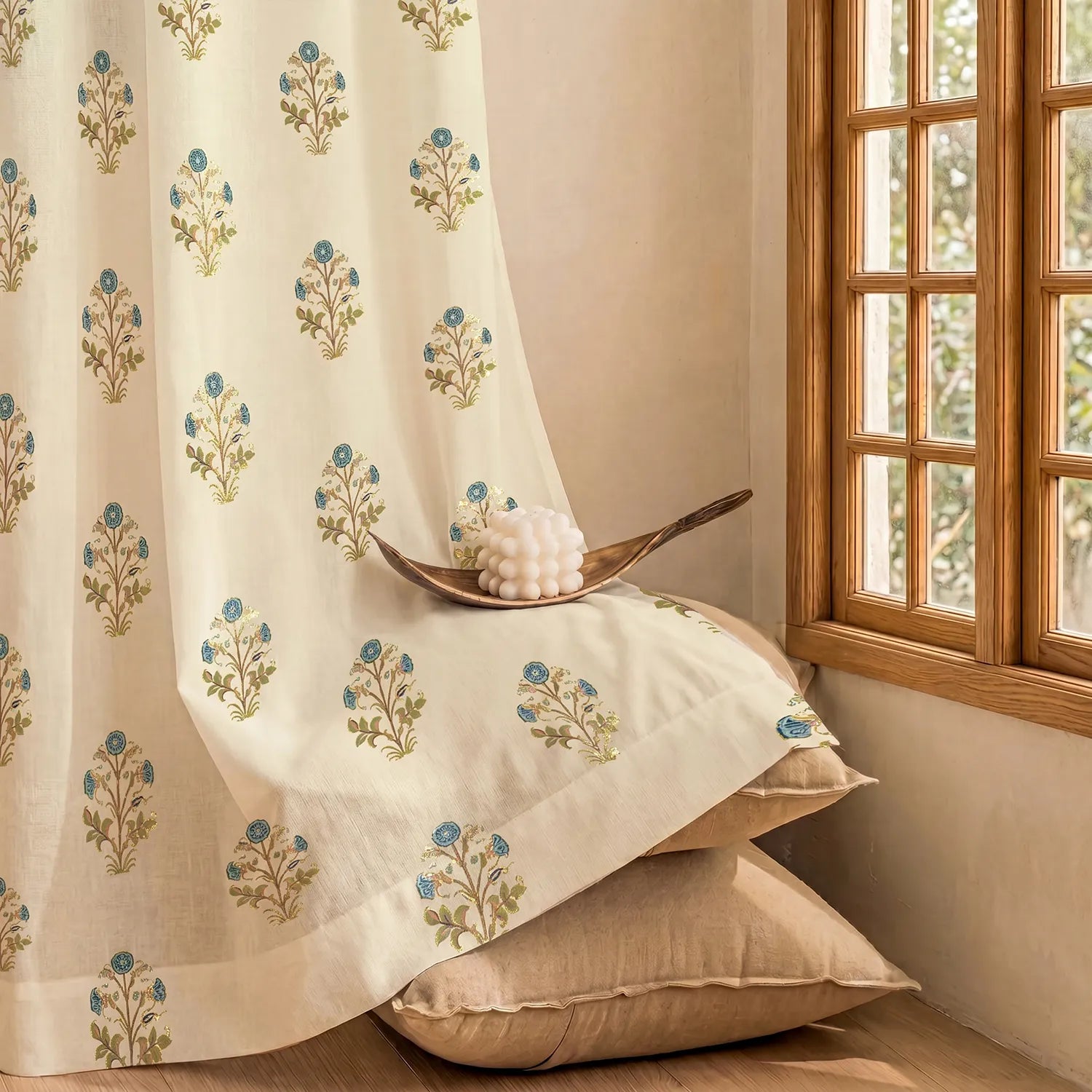 100% Cotton Gold Foil Curtains for Living Room, Bedroom curtains - Pack of 2 curtains, Zari Mohar Blue Gold