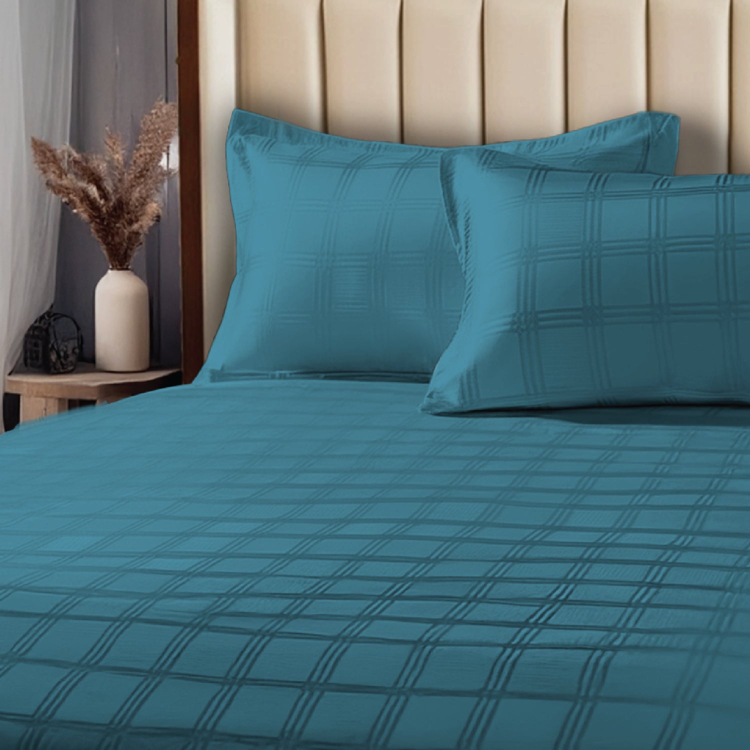 300 TC Super Soft King Bedsheet, Self Woven Checks Design - Dark Teal Checks