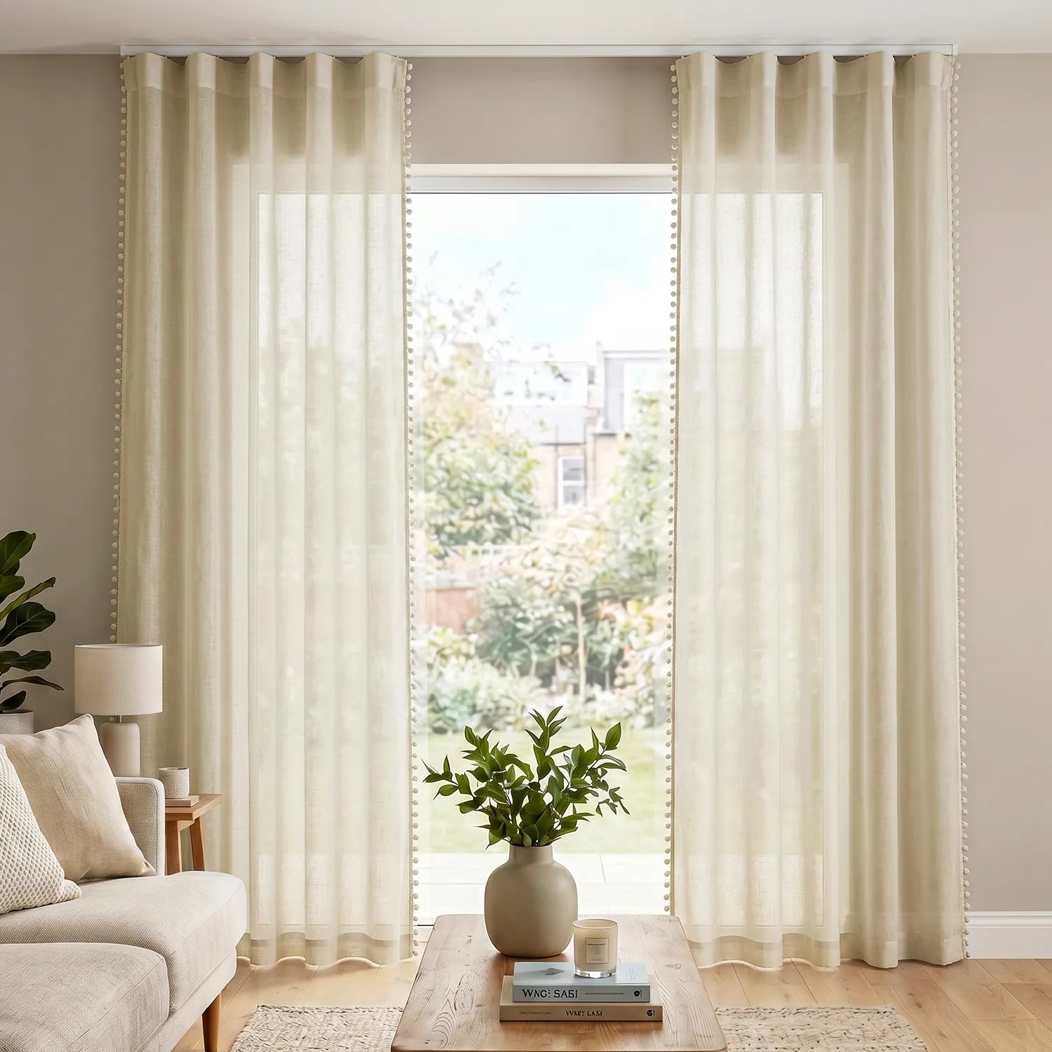 Sheer Curtain for Living Room with linen texture & Track Channel, Net Curtain for balcony, Pack of 2 Curtains -  Buttercream with pom pom