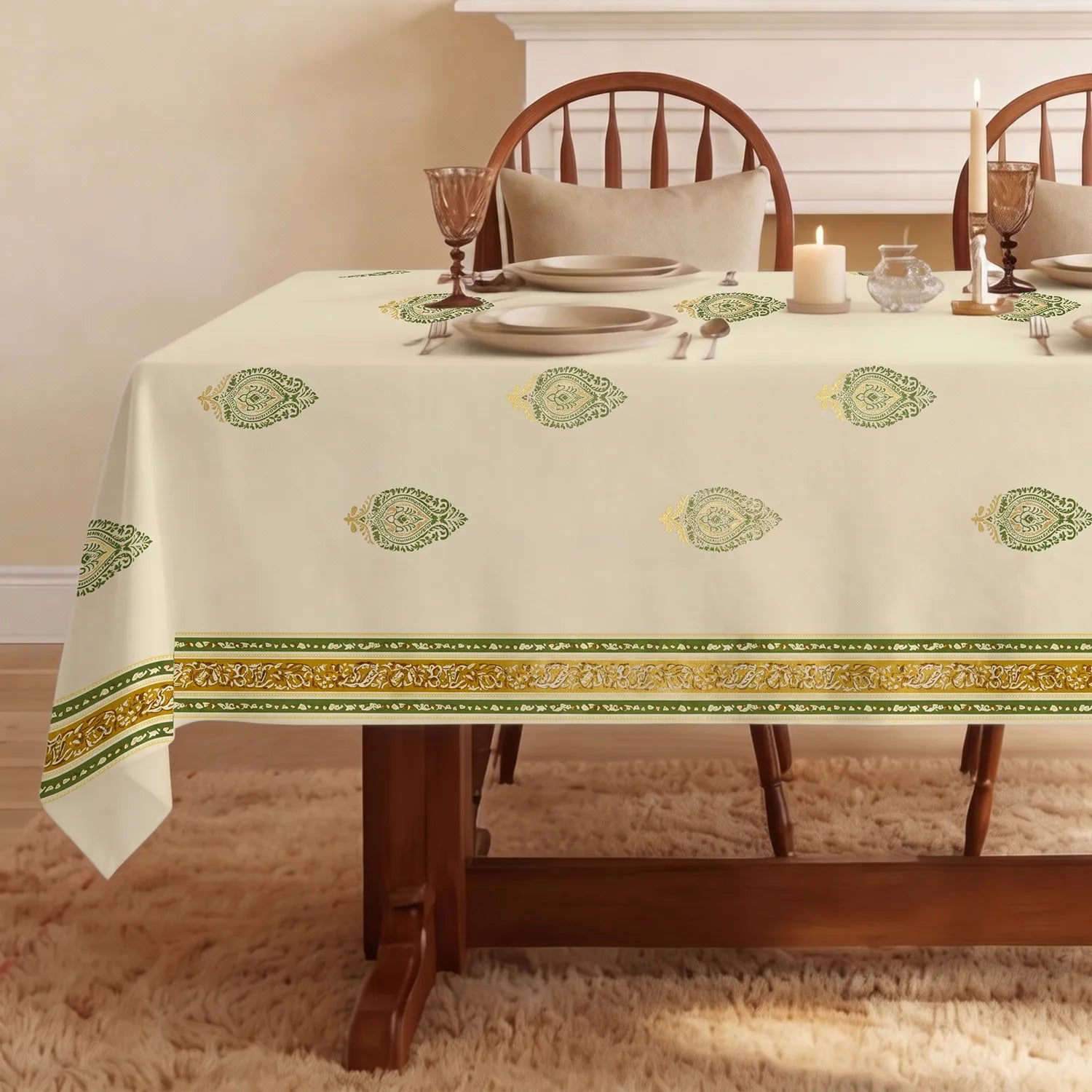 100% Cotton Table cloth/ table cover for 4 or 6 seater Dining / Centre Table - Zari Buta Sage Green Gold