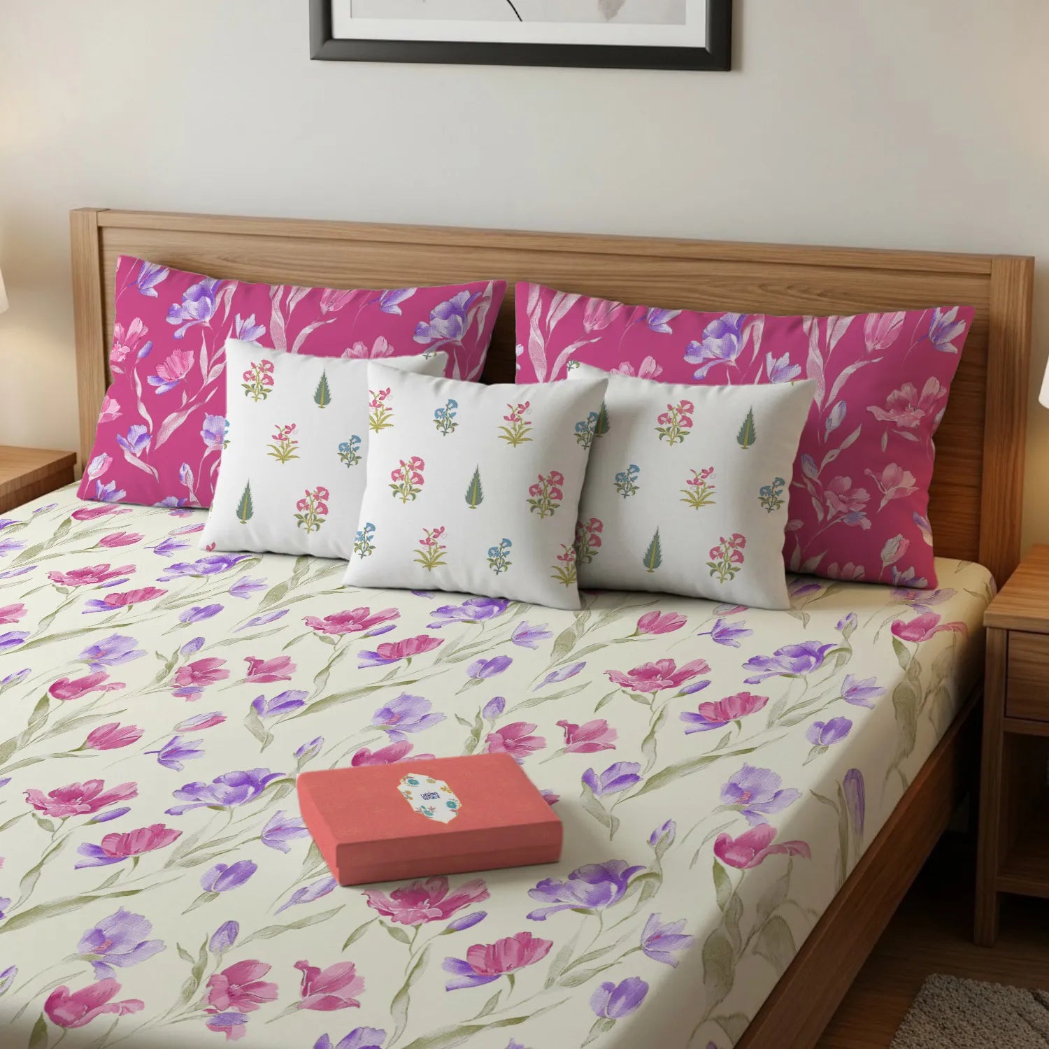 Cotton Double Bedsheet with 3 Cushion Covers in Gift Box Set, Autumn Pink