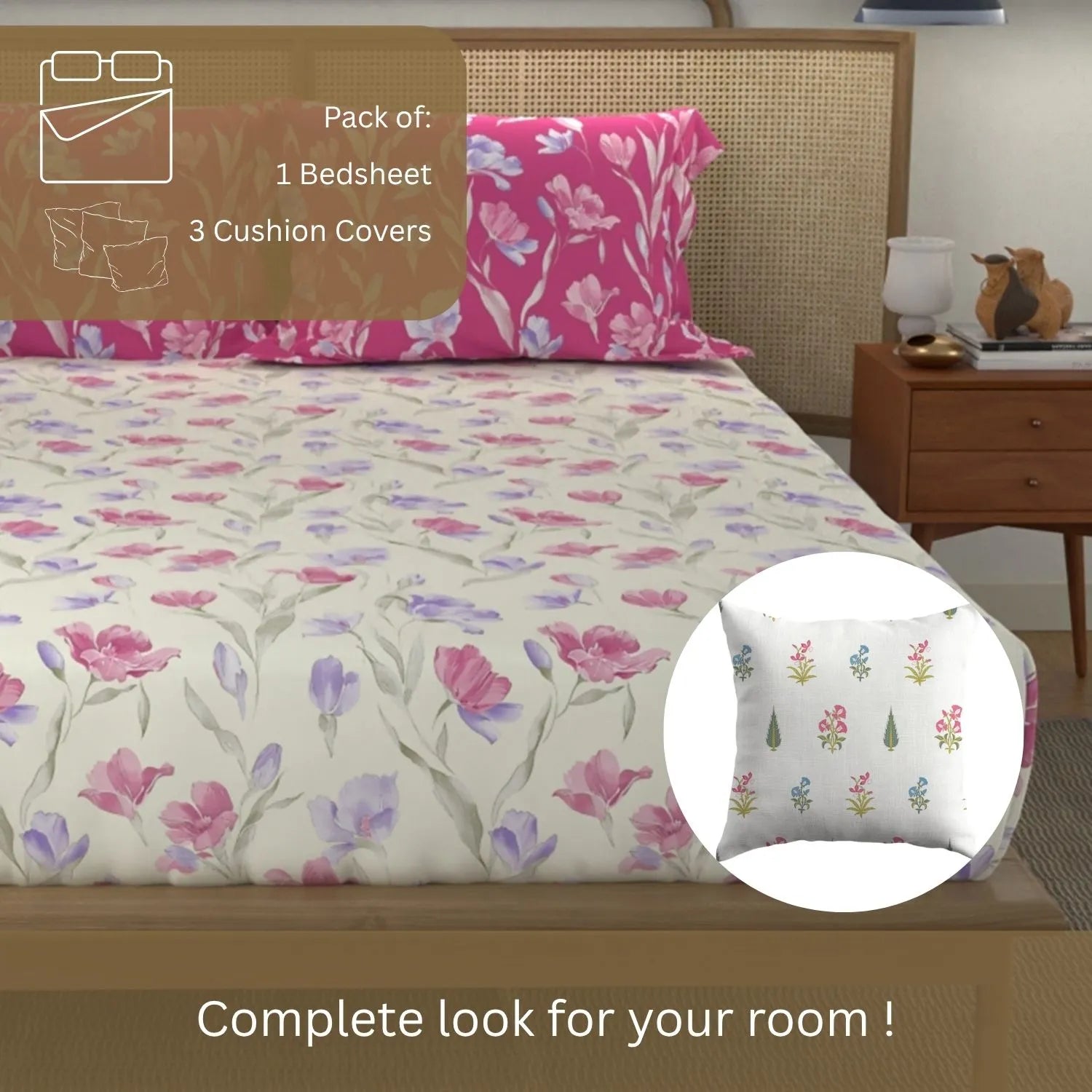 Cotton Double Bedsheet with 3 Cushion Covers in Gift Box Set, Autumn Pink