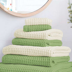 Premium 100% Cotton Waffle Bath Towel Set of 6, 2 Bath towels, 2 Hand towels, 2 Face Towels, Sage Green & Beige