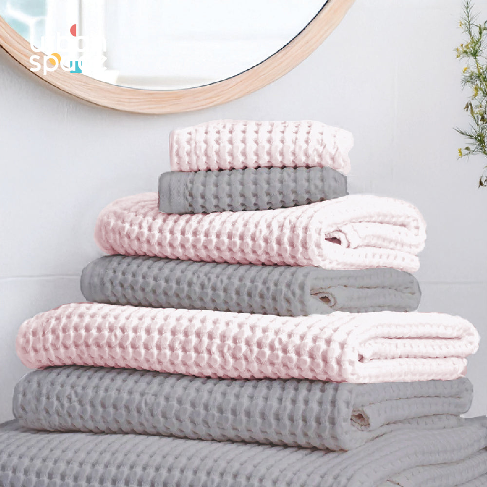 Premium 100% Cotton Waffle Bath Towel Set of 6, 2 Bath towels, 2 Hand towels, 2 Face Towels, Grey & Pink