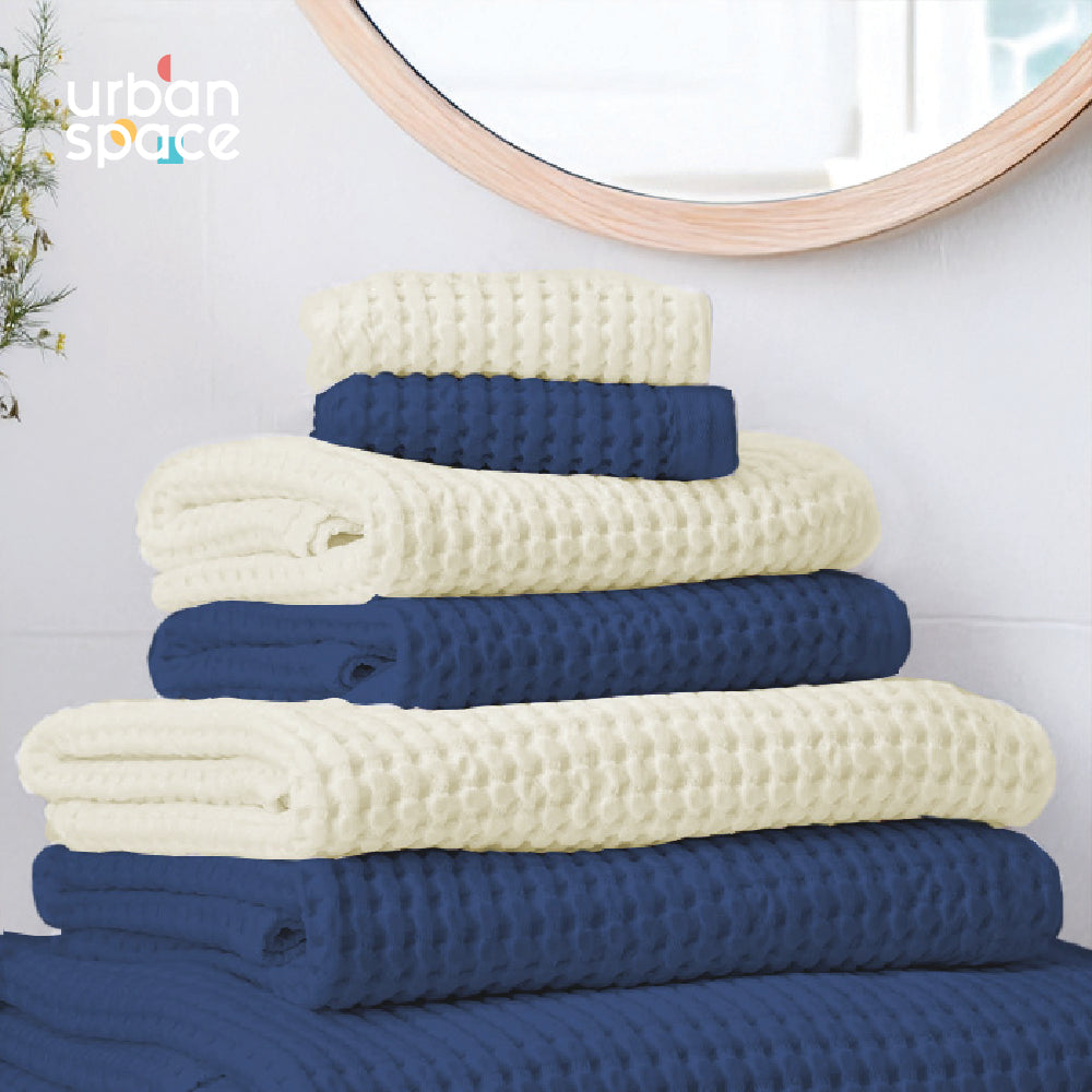 Premium 100% Cotton Waffle Bath Towel Set of 6, 2 Bath towels, 2 Hand towels, 2 Face Towels, Navy Blue & Beige