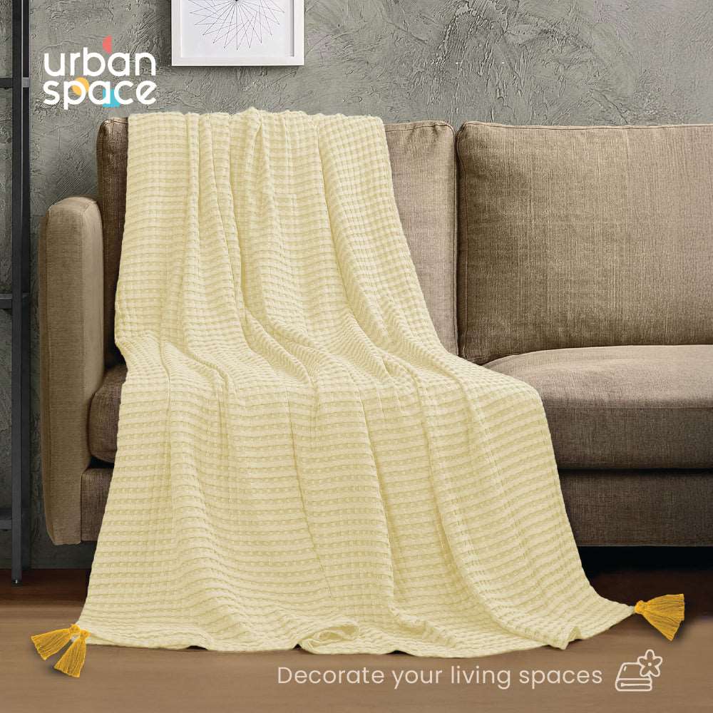 100% Cotton Waffle Throw Blanket, Soft Decorative Throw with Tassels - Beige