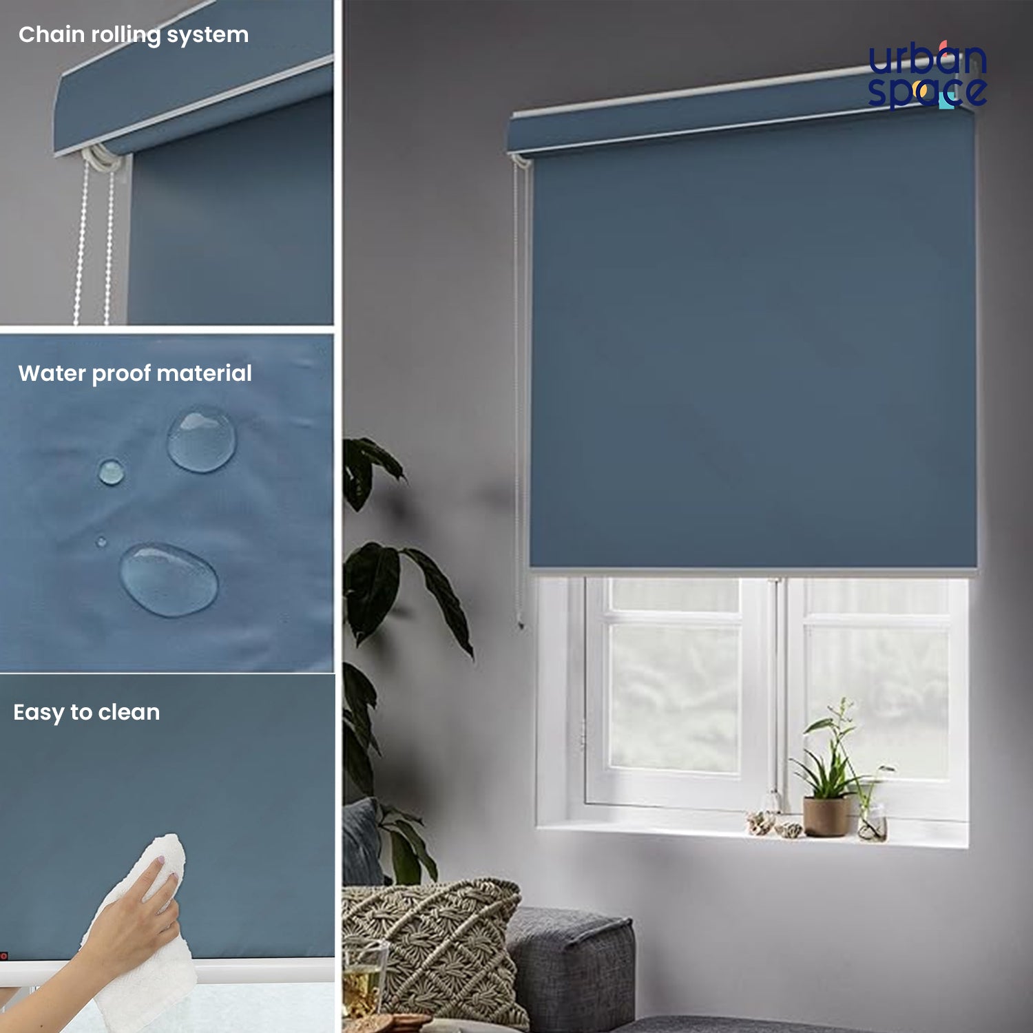Blackout Roller Blinds - Waterproof, 90% Room Darkening, Corded Roll-Up Curtains for Home & Office - Gray Blue