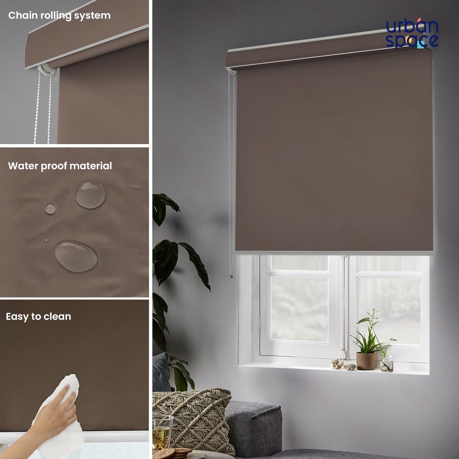 Blackout Roller Blinds - Waterproof, 90% Room Darkening, Corded Roll-Up Curtains for Home & Office - Chocolate Brown