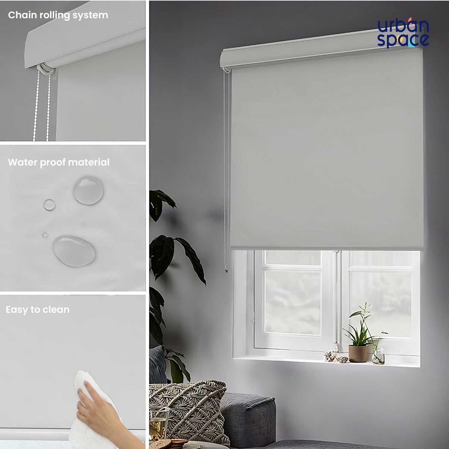 Blackout Roller Blinds - Waterproof, 90% Room Darkening, Corded Roll-Up Curtains for Home & Office - Off-White