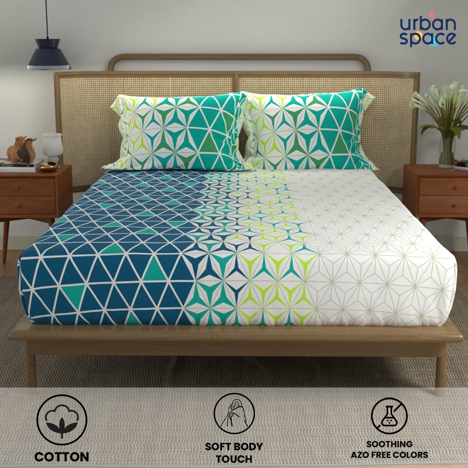 Divine Collection - Cotton Bedsheet With 2 Pillow Covers, Geomatric Blue