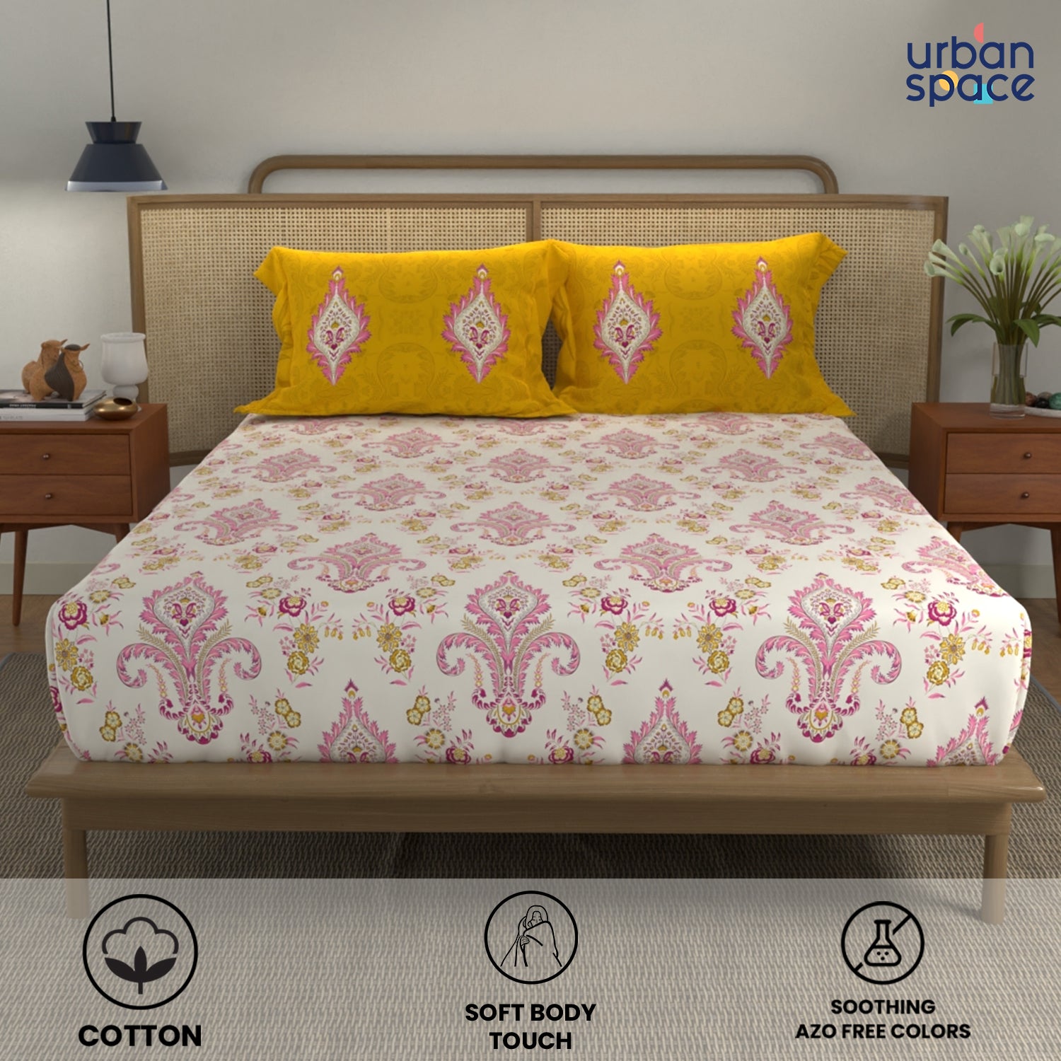 Divine Collection - 144 TC 100%  Cotton Double Bedsheet with 2 Pillow Covers - Motif Mustard