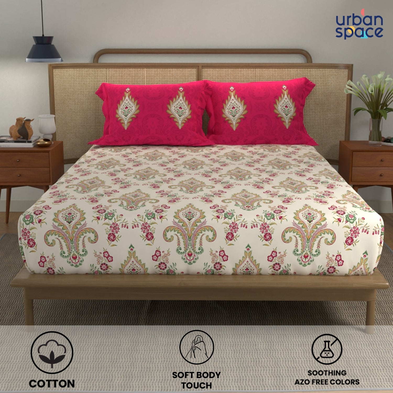 Divine Collection - 144 TC 100%  Cotton Double Bedsheet with 2 Pillow Covers - Motif Red
