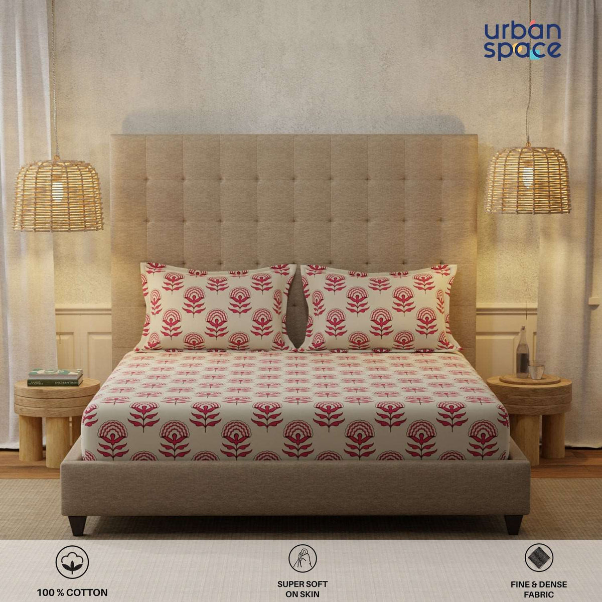 Serene 200 TC 100% Cotton Bedsheet with Pillow Covers - Florabell Cherry Red