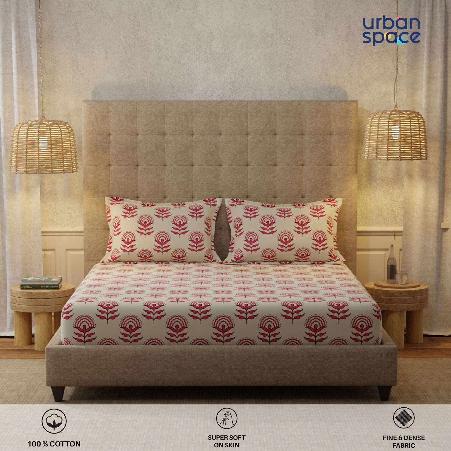 Serene 200 TC 100% Cotton Bedsheet with Pillow Covers - Florabell Cherry Red