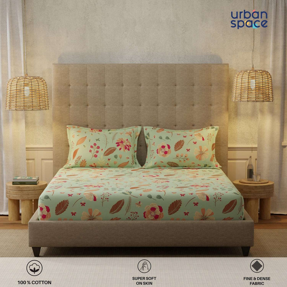 Serene 200 TC 100% Cotton Bedsheet with Pillow Covers - Florence Sage Green