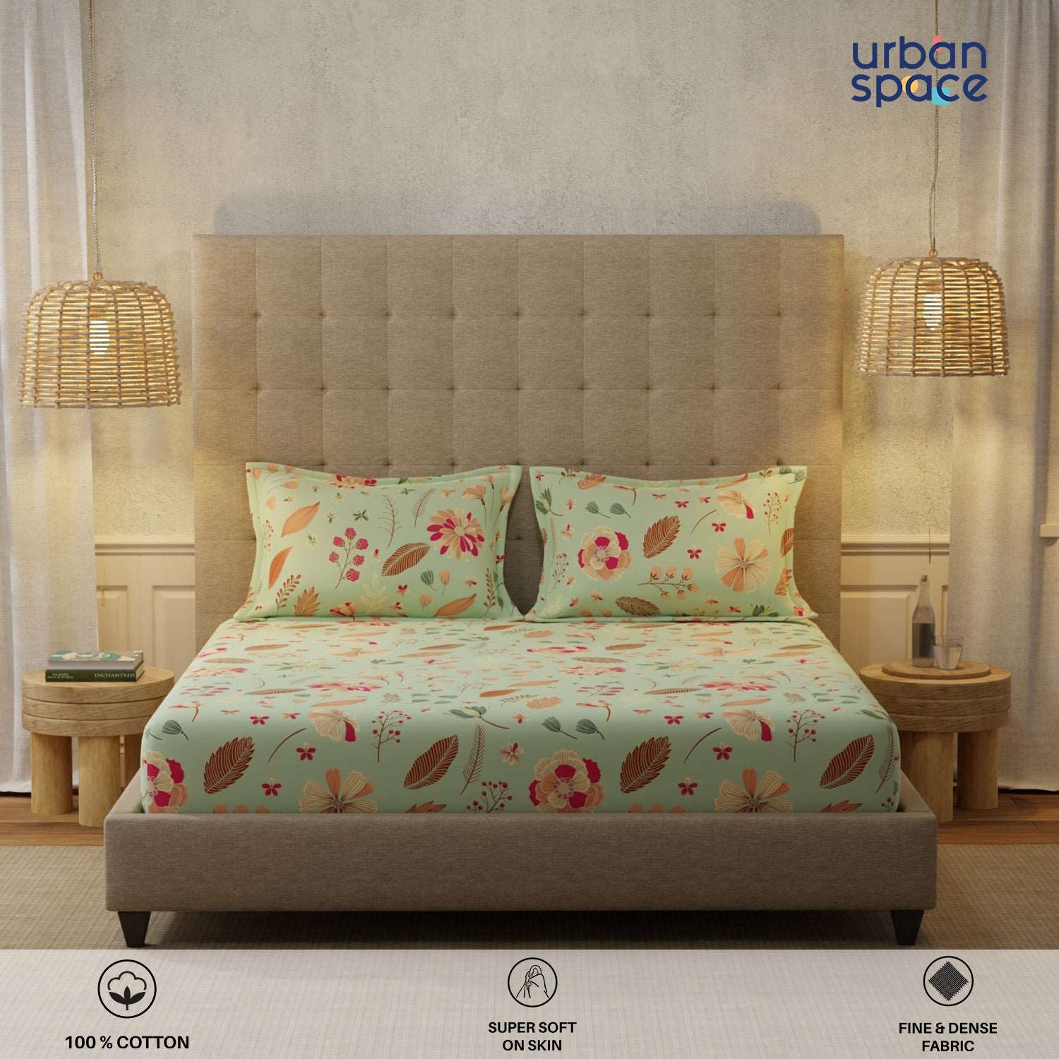 Serene 200 TC 100% Cotton Bedsheet with Pillow Covers - Florence Sage Green