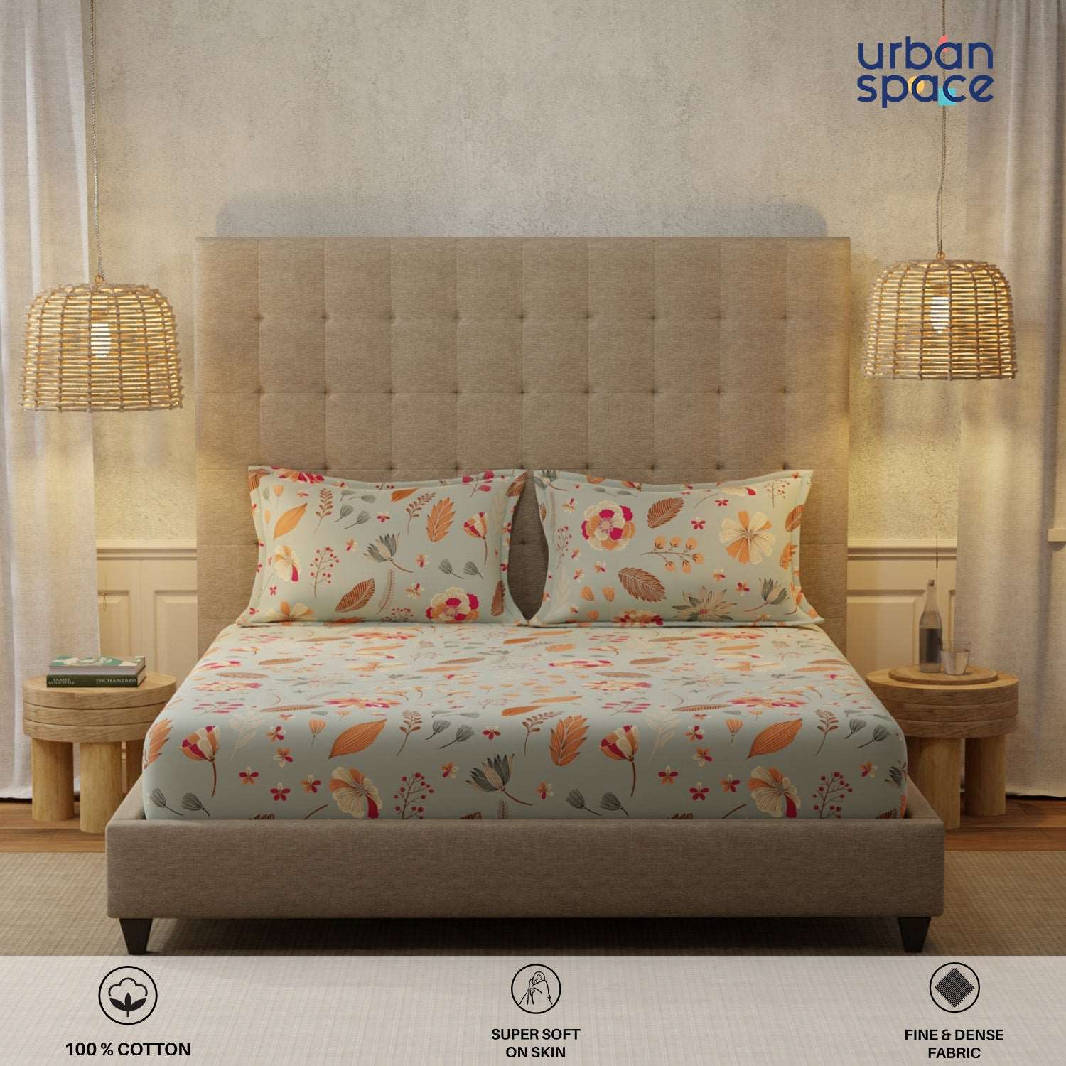 Serene 200 TC 100% Cotton Bedsheet with Pillow Covers - Florence Grey