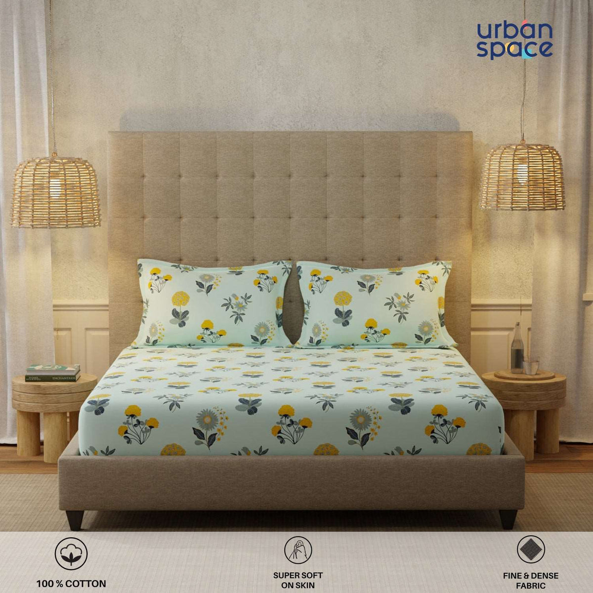 Serene 200 TC 100% Cotton Bedsheet with Pillow Covers - Radiance Sky Blue